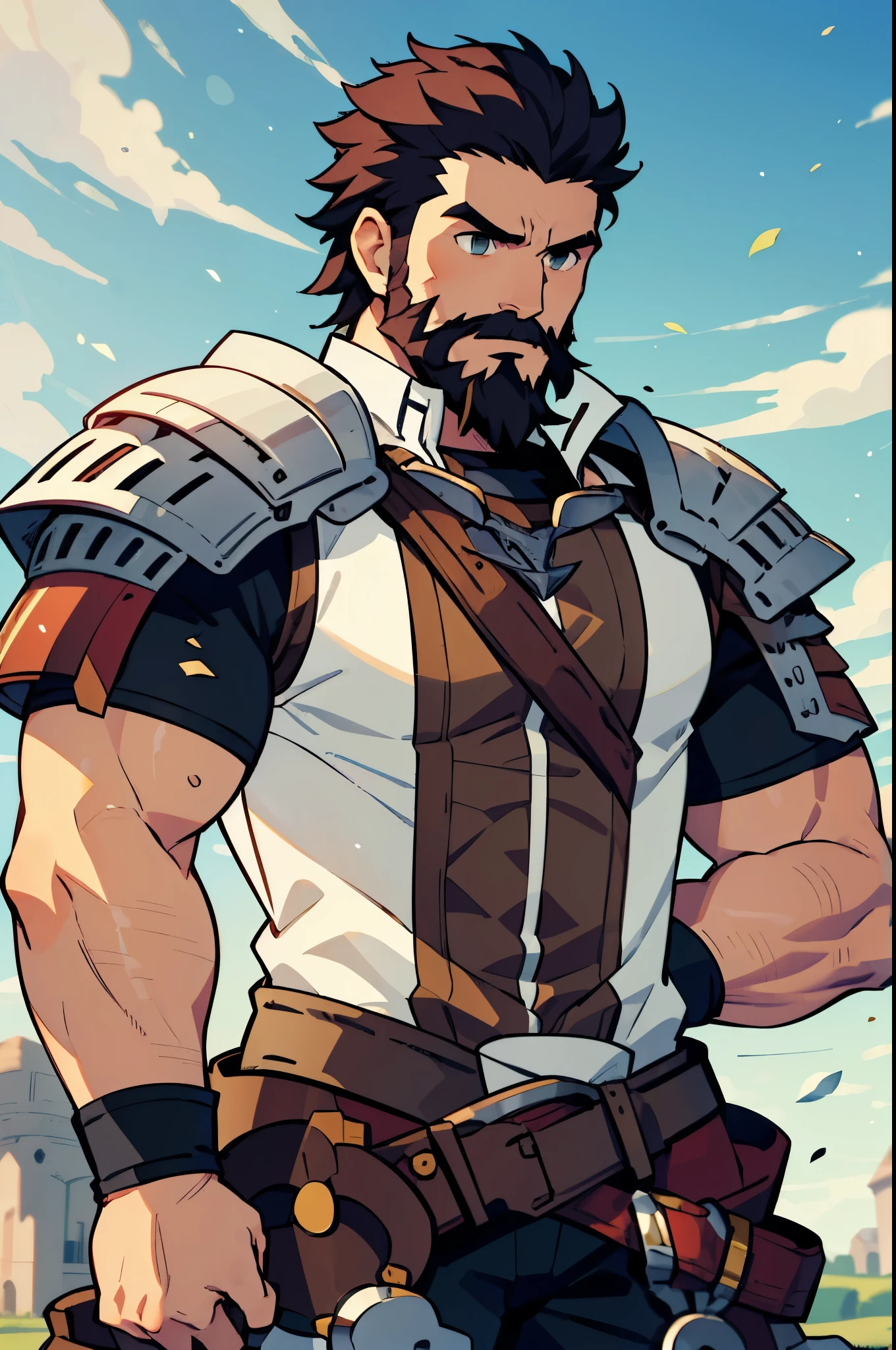 Large medieval kingdom in the background, old mature muscular male, black hair, very short hair, cropped military hairstyle, ((black beard))), ((thick beard)), (((full beard))), ((long beard)), green eyes, bright eyes, 48 years old, muscular male, tall, Piece, athlete, bare biceps, Abs, chest, medieval armor, light armor, red armor, Mystical armor, Golden details on the armor, black details on the armor, elsword style armor, ((arms exposed)), thick beard, Neutral face, cowboy shot, high resolution:1.2, best quality, master part, daylight, Reflection of lens, upper body shot