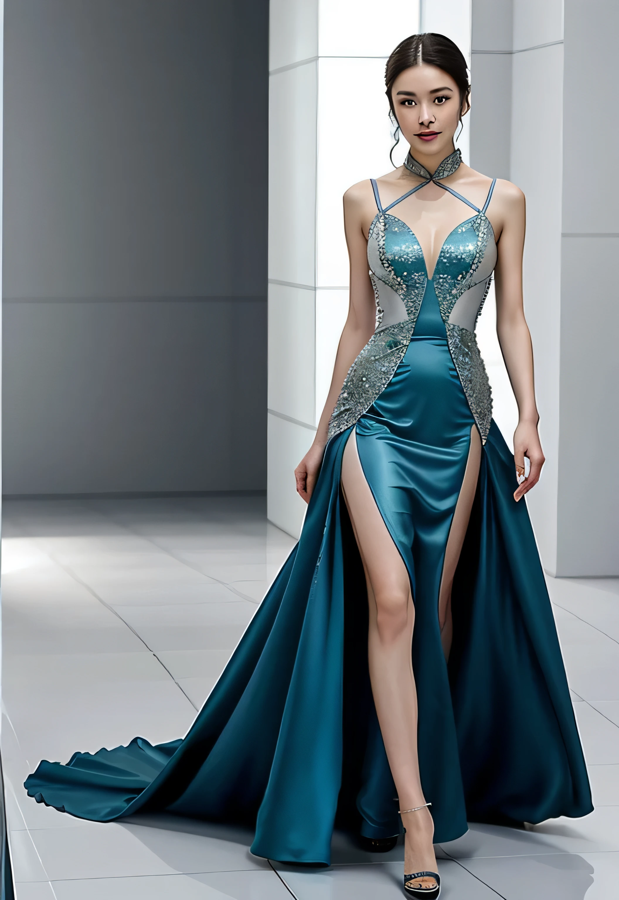 Arafed-Frau in einem silbernen Kleid, die einen dunklen Flur entlang geht, Cheongsam, silbernes Kleid tragen, wears an elegant dress, wears a long dress, sexy Kleid, beautiful Chinese model, ausgefallenes silbernes Kleid, sexy Kleid, Chinesisches Kleid, opened dress, Stehen und elegant posieren, Photo of a slim girl model, wears an evening dress, elegante, schlanke, smooth body - car
