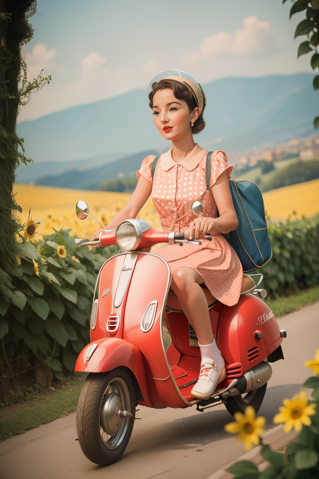 1950s Italian Vespa Ride through Time-Portal Tuscan Vineyards (Location: Florence):
Character: A ten girl with a polka dot dress, riding a Vespa through a time portal to the sun-drenched Tuscan vineyards during the 1950s. Evoke the Italian romance with Wes Anderson's vibrant and Mediterranean color tones.