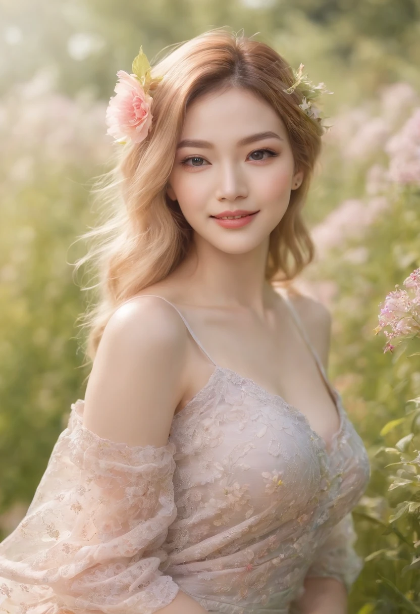 (masutepiece, Vivid portrait:1.3), (Seductive depiction of blonde woman in flower garden:1.2), (Canon EOS 5D Mark IV Camera, Famous for capturing vibrant colors and rich textures:1.2), (Paired with Canon EF 35mm F/1.4L II USM lens for versatile compositions:1.2), (Flowing, voluminous blonde hair caught in the breeze, Adding dynamism:1.1), (Glowing blue eyes reflecting the shade of the sky:1.1), (A perfect face that exudes perfection:1.1), (Knee-length sundress full of kaleidoscopes of colors:1.1), (Her cheerful smile radiating pure happiness:1.1), (Playful movements of the dress to capture the light:1.1), (A mix of wildflowers to create a vibrant backdrop:1.1), (Sunlit fields depicting a joyful atmosphere:1.1), (The sensor of the camera 、Captures the intricate texture of her hair and fabric:1.1), (Lenses that highlight her seductive smile and vibrant outfit:1.1), (A moment to capture carefree joy in nature:1.1), (The synergy of color and emotion in one frame:1.1), (Portrait capturing the essence of the radiant spirit in a blooming landscape:1.1)、One lady、bustup、full bodyesbian、huge tit、