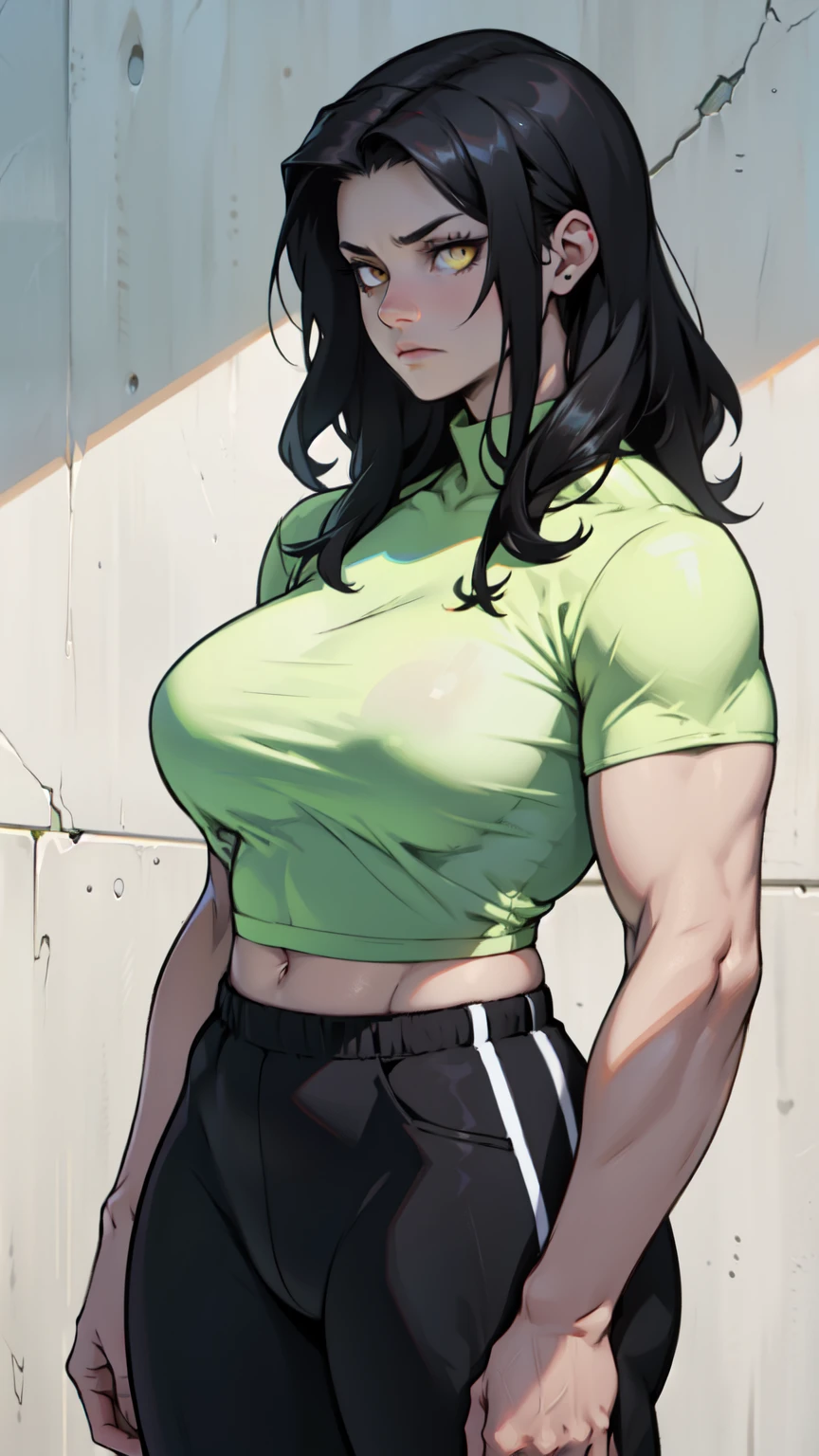 pale girl muscular girl huge breasts black hair yellow eyes expressionless sad