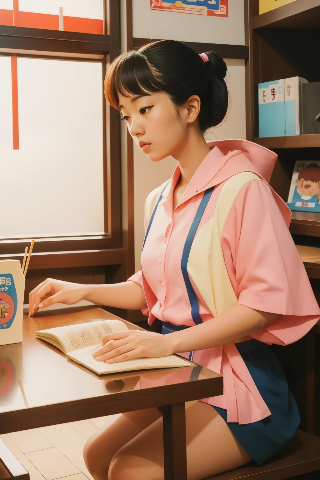 1980s Japanese Manga Reading at a Tokyo Café with Character Interaction (Location: Akihabara):
Character: A young woman in her twenties with a stack of interactive manga, immersed in reading at a quirky café in Tokyo's Akihabara district during the 1980s, with characters coming to life. Evoke the manga-inspired ambiance with Wes Anderson's eclectic and vibrant color tones.
