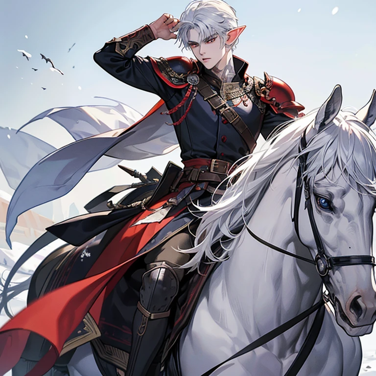 a handsome 20 year old warrior man, defined with a tattoo on his neck of a dragon, very detailed red eyes, very detailed armor, very detailed face, serious countenance, snow white hair, a warrior in the snow, riding on a black horse and snow-white ears. elf and sharp teeth, everything is well detailed, oily skin, eyes with extremely detailed irises