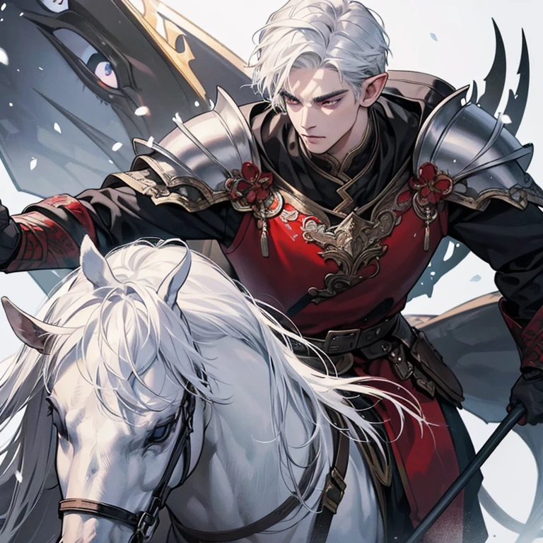 a handsome 20 year old warrior man, defined with a tattoo on his neck of a dragon, very detailed red eyes, very detailed armor, very detailed face, serious countenance, snow white hair, a warrior in the snow, riding on a black horse and snow-white ears. elf and sharp teeth, everything is well detailed, oily skin, eyes with extremely detailed irises