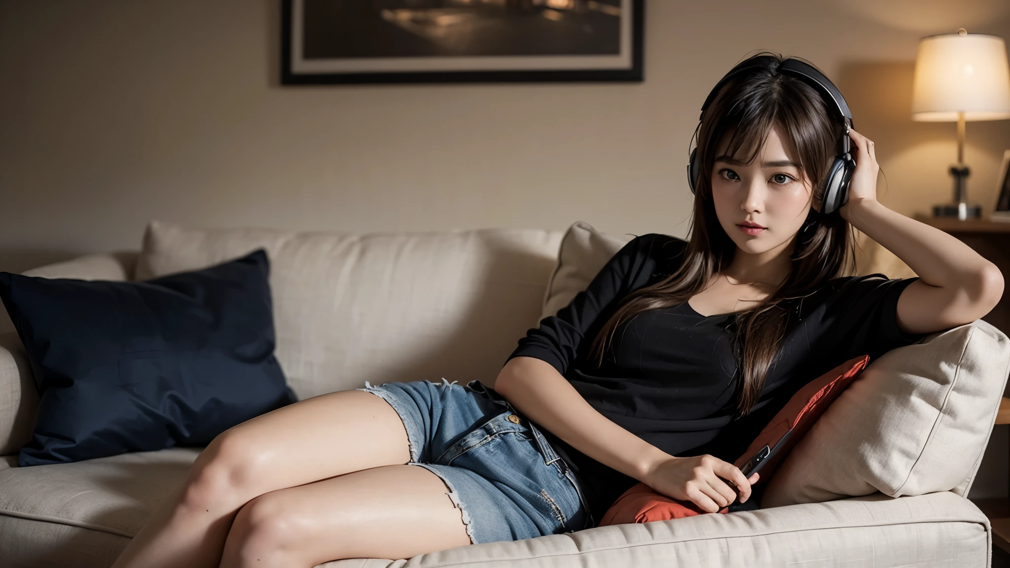 beautiful young college girl sitting on a sofa, wearing headphones, relaxing, cozy atmosphere, comfy pillows, laptop on coffee table, evening vibes, holding a game controller