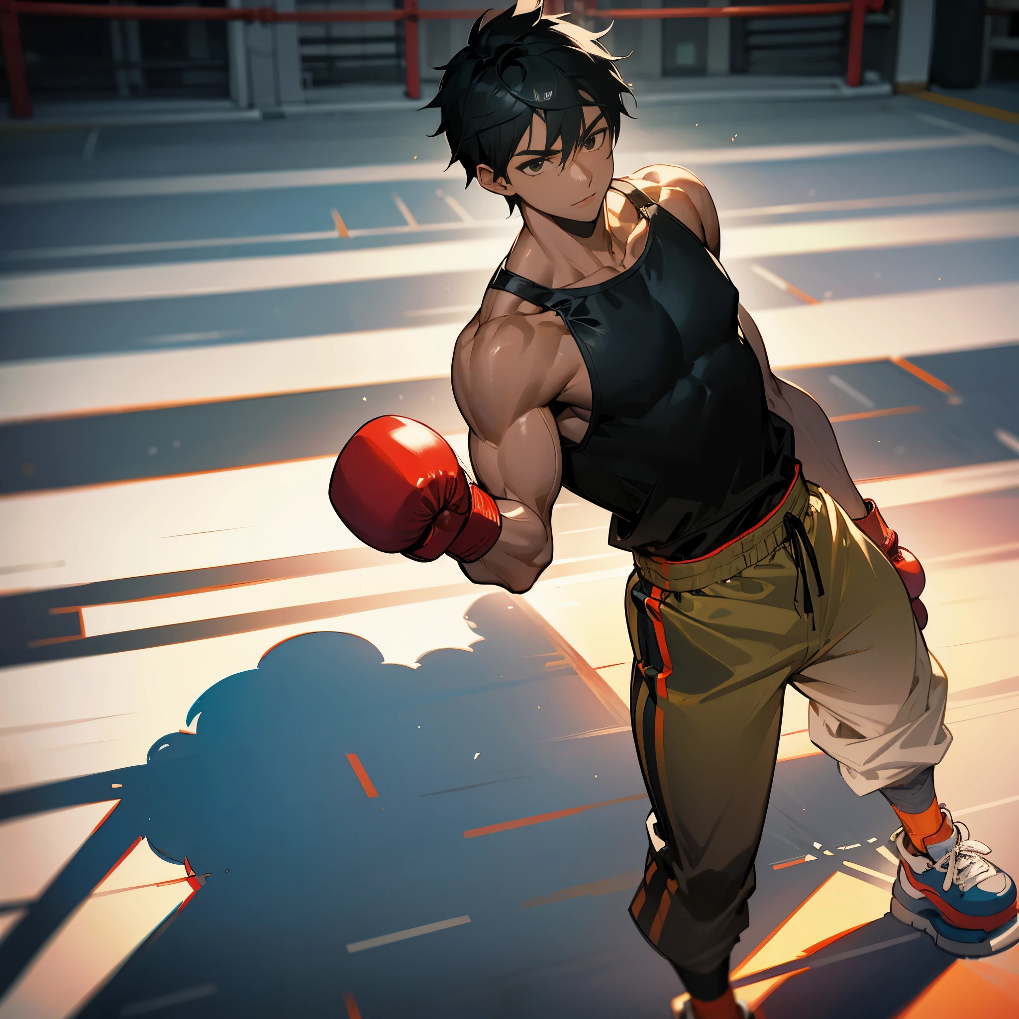 1male, young adult, dark skin, straight black hair, finely detailed bright black eyes, muscular, muscle shirt, loose jogging pants, adventurous clothing, best light and shadows, boxing gym, standing in boxing stance