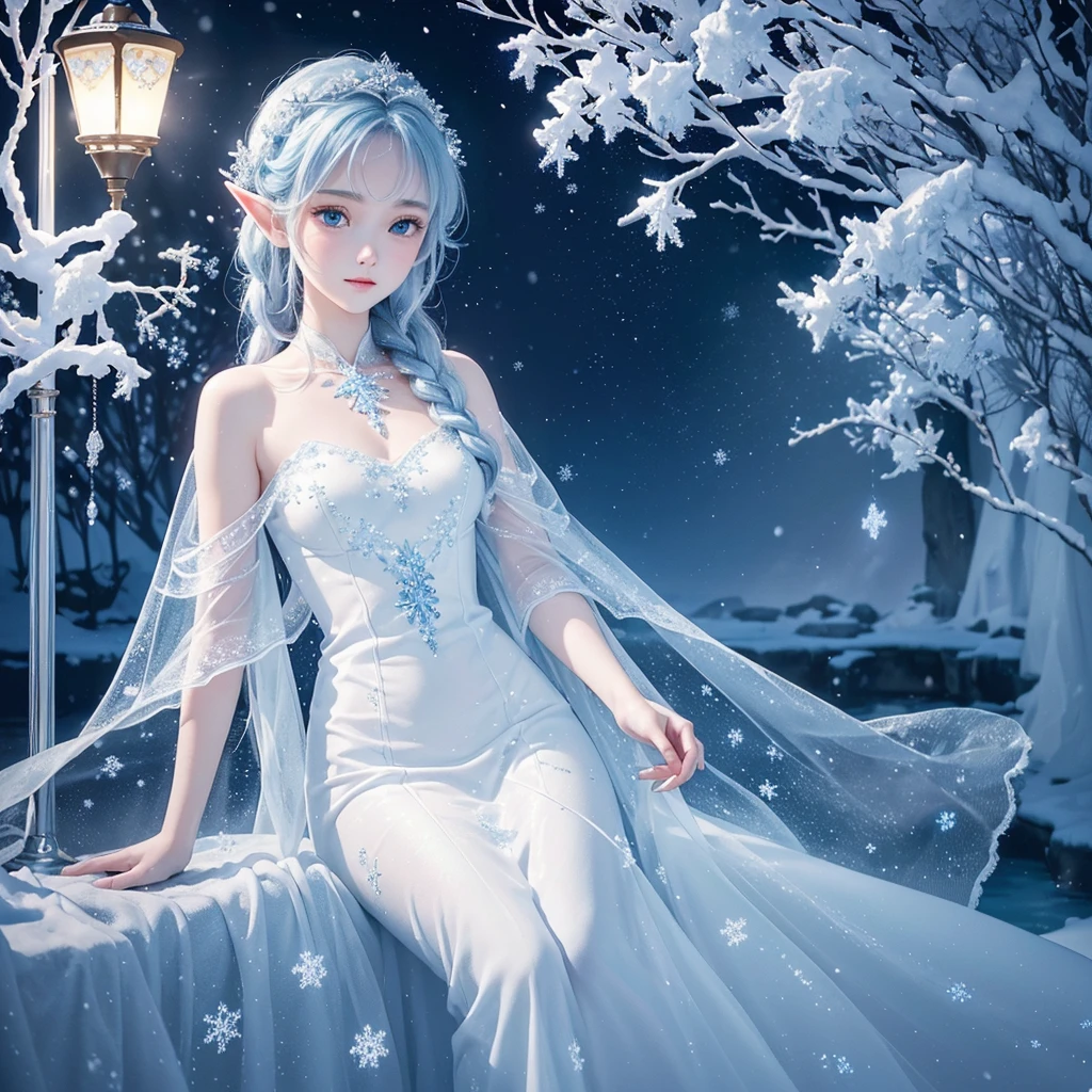 (best picture quality，4K，8K，HD，masterpiece：1.2），Super delicate，portrait，blue and white，water sprites，snow elf，dreamy atmosphere，Fantastic creatures，Glowing ethereal lamp，frozen garden，delicate snowflakes，A sparkling winter wonderland