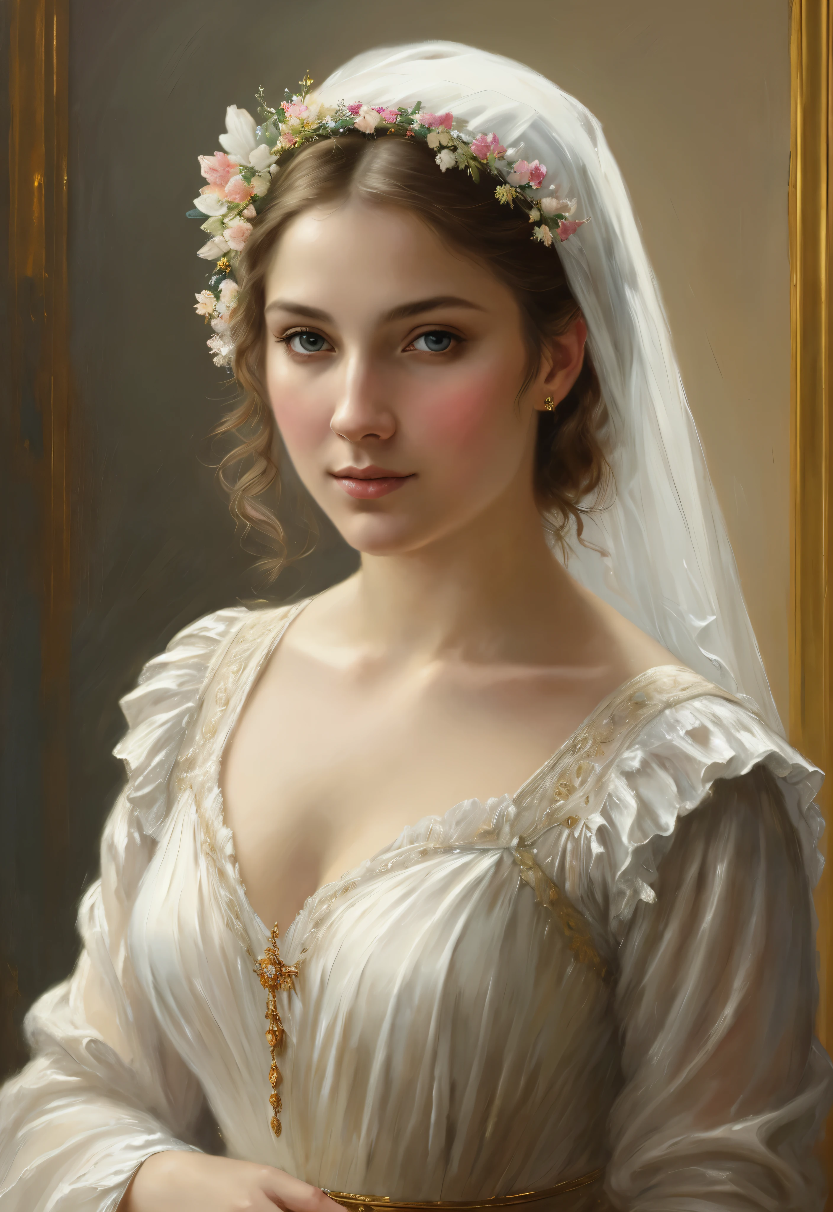 Masterpiece, Best quality, Ethereal beauty, portrait, girl, 35 years old Woman, middle ages, classicism, andrey atroshenko style, painting, traditional media, realistic, figurative, fine art, oil on canvas, HDR, 8K, original character, high resolution, high detail, focus on the face