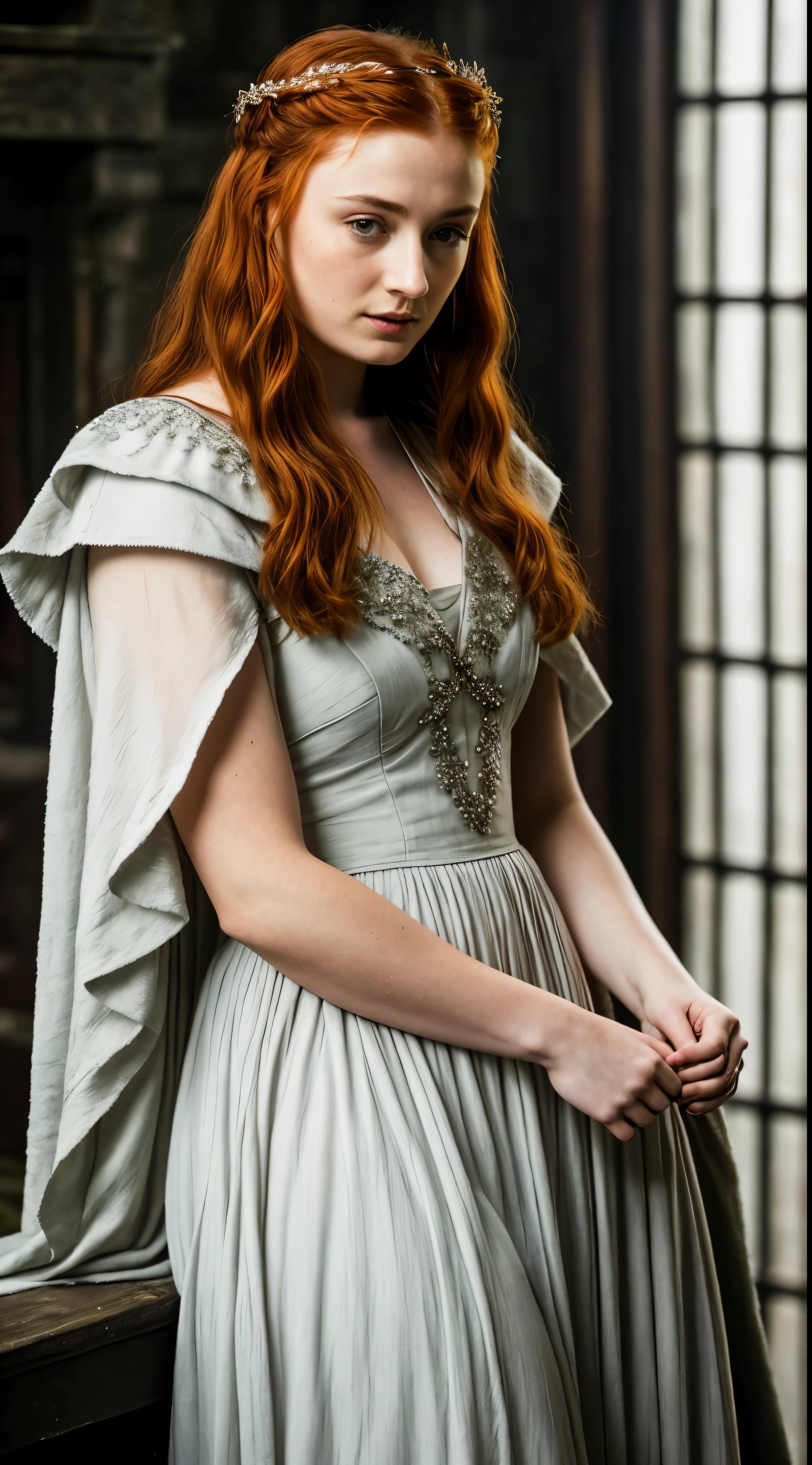Foto RAW, Sansa Stark PLAYED BY SOPHIE TURNER Ned and Cat's oldest daughter. Demure and ladylike, her dream to marry Prince Joffrey. Her direwolf named Lady , Game of Thrones Series, (pele altamente detalhada: 1.2), 8k UHD, DSLR, soft-lighting, alta qualidade, grain of film, Fujifilm XT3