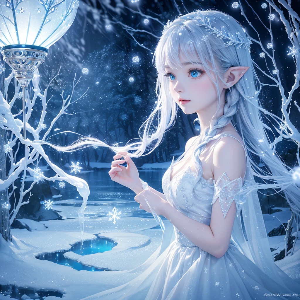 (best picture quality，4K，8K，HD，masterpiece：1.2），Super delicate，portrait，blue and white，water sprites，snow elf，dreamy atmosphere，Fantastic creatures，Glowing ethereal lamp，frozen garden，delicate snowflakes，A sparkling winter wonderland