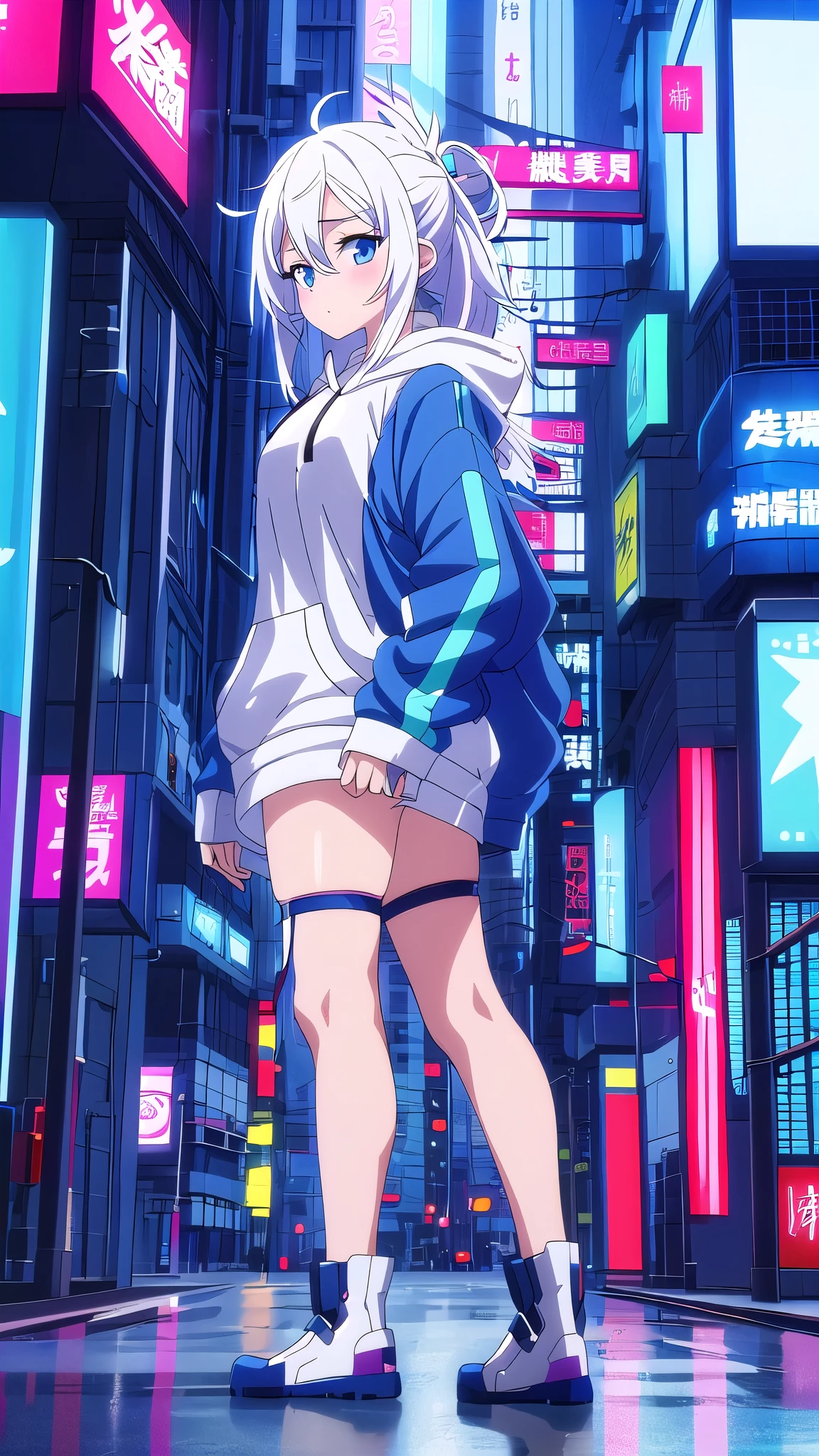 anime girl with white hair and blue sweater in a city, artwork in the style of guweiz, muted cyberpunk style, realistic anime 3 d style, trending on cgstation, dreamy cyberpunk girl, cyberpunk anime girl, digital cyberpunk anime art, style anime, anime vibes, digital cyberpunk - anime art, cyberpunk anime girl in hoodie, anime style. 8k