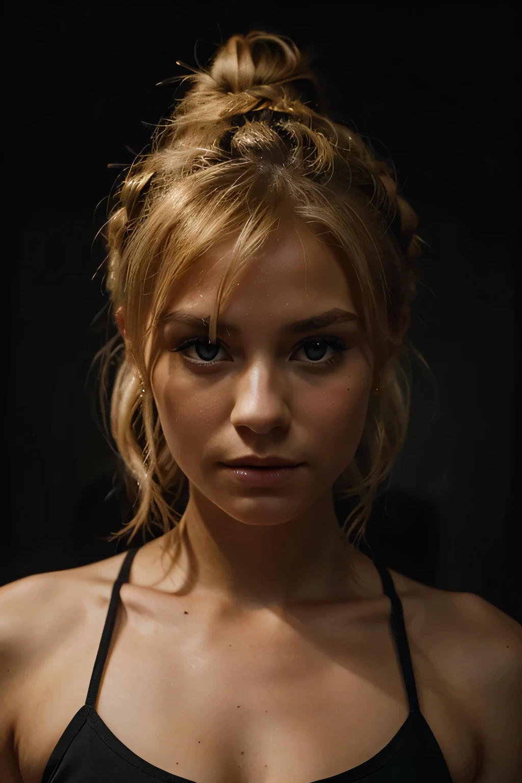 an eye contact of a blond with bun hair and dark theme