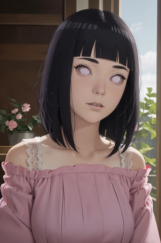 Masterpiece, absurderes, Hinata\(Boruto\), 1girll, Solo,Mature female, Off-the-shoulder lace shirt, When looking at the camera, (Falling petals), Perfectcomposition, Detailed lips, big breast, Beautiful face, body propotion, Blush, (Pink lips), Long hair, Purple eyes, Soft gaze, Super realistic, Detailed, photoshoot, Realistick faces and bodies,