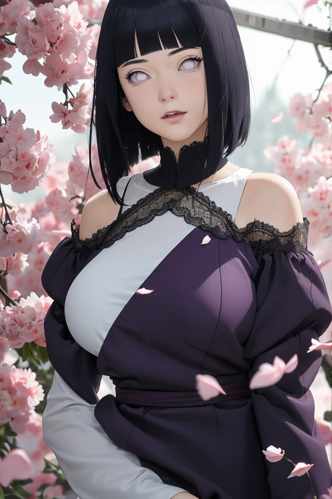 Masterpiece, absurderes, Hinata\(Boruto\), 1girll, Solo,Mature female, Off-the-shoulder lace shirt, When looking at the camera, (Falling petals), Perfectcomposition, Detailed lips, big breast, Beautiful face, body propotion, Blush, (Pink lips), Long hair,  Purple eyes,  Soft gaze,  Super realistic, Detailed, photoshoot, Realistick faces and bodies,