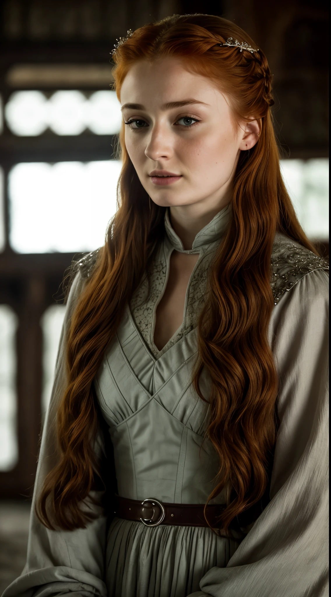 Foto RAW, Sansa Stark PLAYED BY SOPHIE TURNER Ned and Cat's oldest daughter. Demure and ladylike, her dream to marry Prince Joffrey. Her direwolf named Lady , Game of Thrones Series, (pele altamente detalhada: 1.2), 8k UHD, DSLR, soft-lighting, alta qualidade, grain of film, Fujifilm XT3