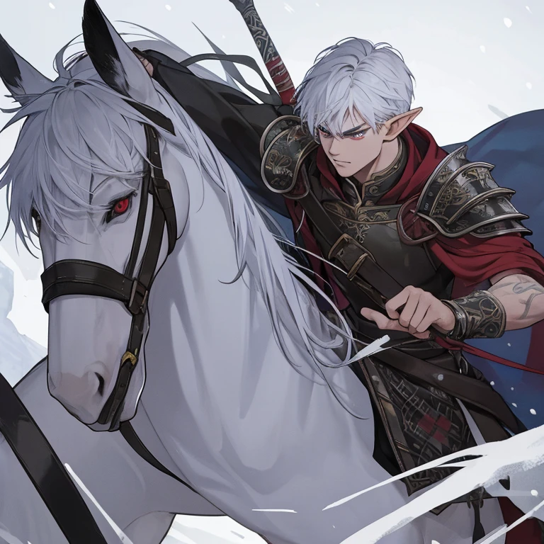 a handsome 20 year old warrior man, defined with a tattoo on his neck of a dragon, very detailed red eyes, very detailed armor, very detailed face, serious countenance, snow white hair, a warrior in the snow, riding on a black horse and snow-white ears. elf and sharp teeth, everything is well detailed, oily skin, eyes with extremely detailed irises
