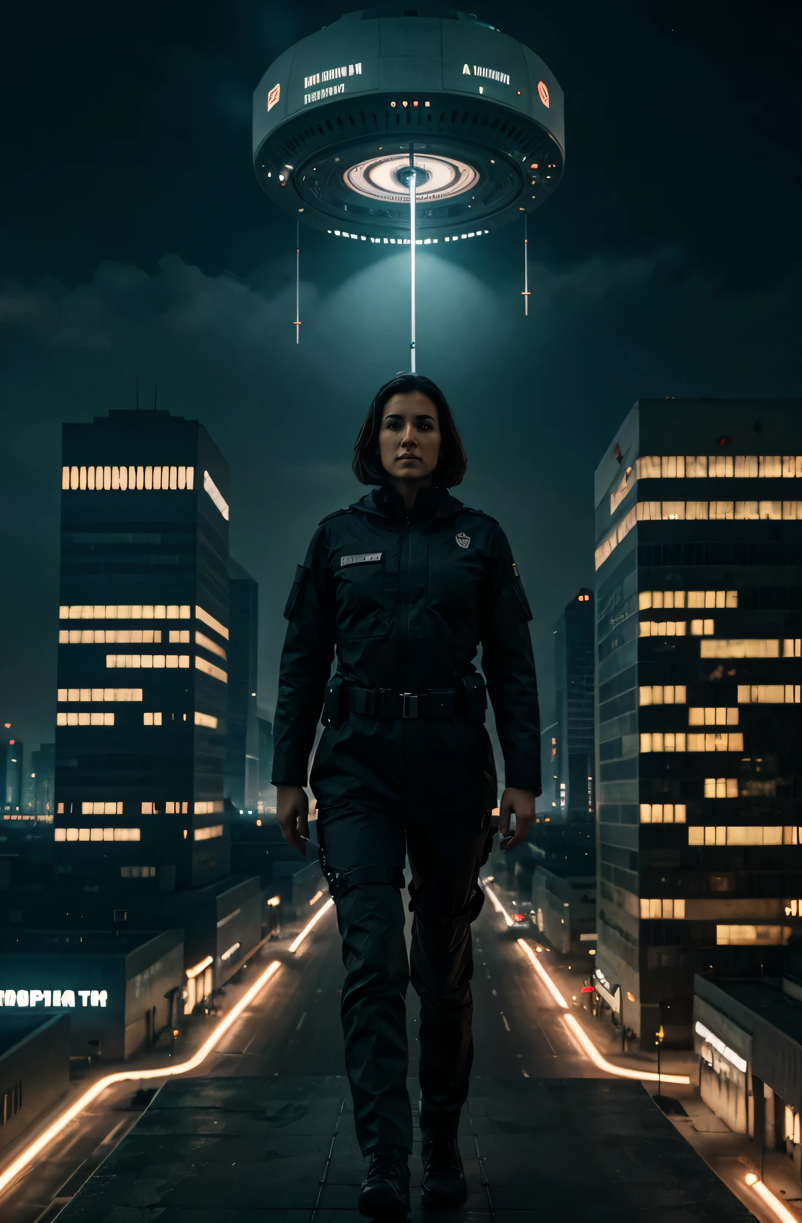 The dystopian world of 1984, Ministry of truth, Big Brother, Doublethink, Newspeak, INGSOC, Julia, Cityscape, Alien Invasion, Masterpiece, Best Quality, Photorealistic, 8K, High resolution, Detailed skin,8K UHD, Digital SLR, Soft lighting, High quality, Film grain, XT3, Full length.