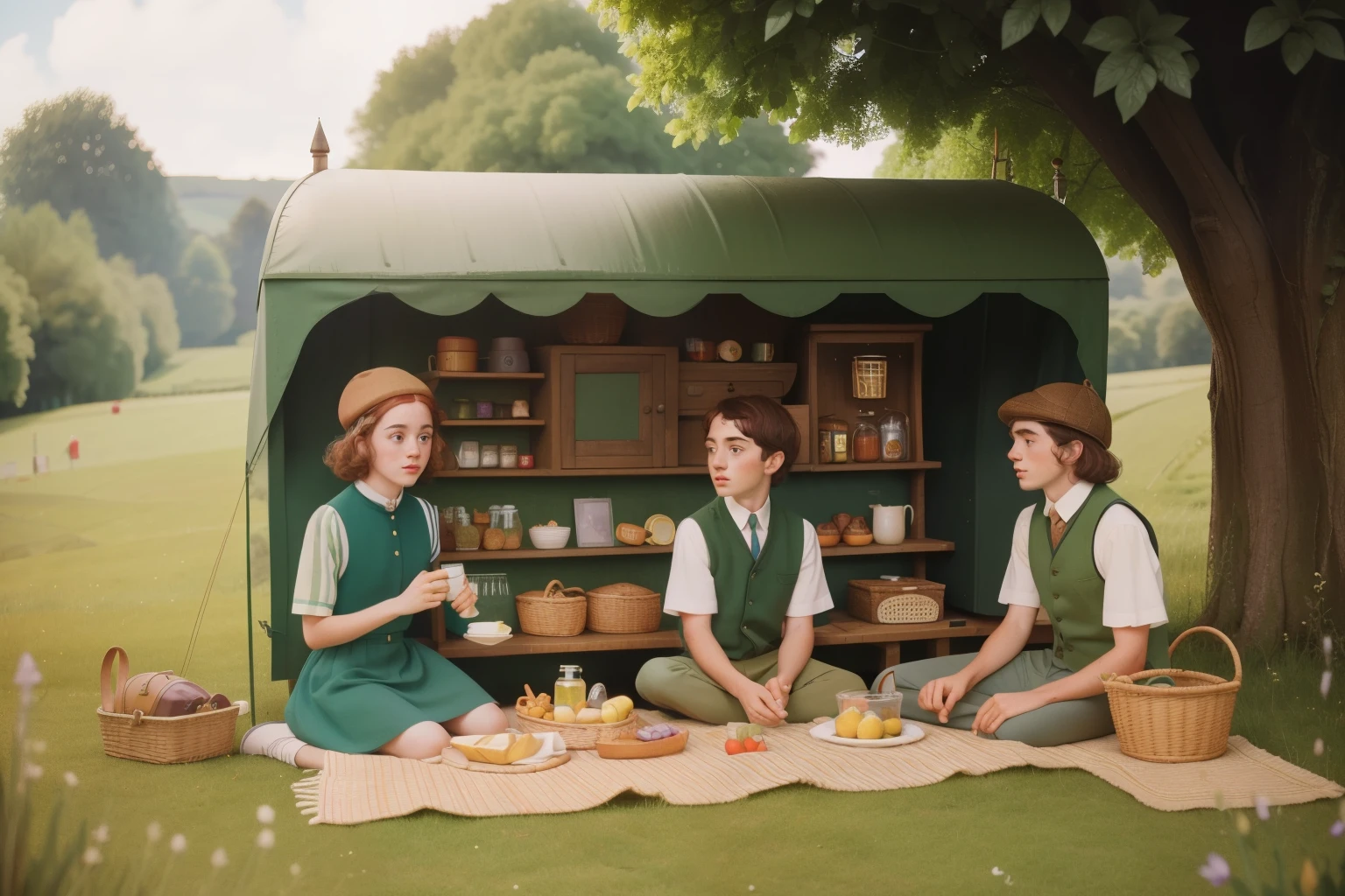 1970s English Countryside Potion Picnic (Location: Cotswolds):
Character: A tween boy with freckles and a penchant for magic, organizing a potion picnic in the picturesque Cotswolds countryside during the 1970s. Illuminate the whimsical gathering with Wes Anderson's earthy and timeless color palette, blending the magical with the pastoral.