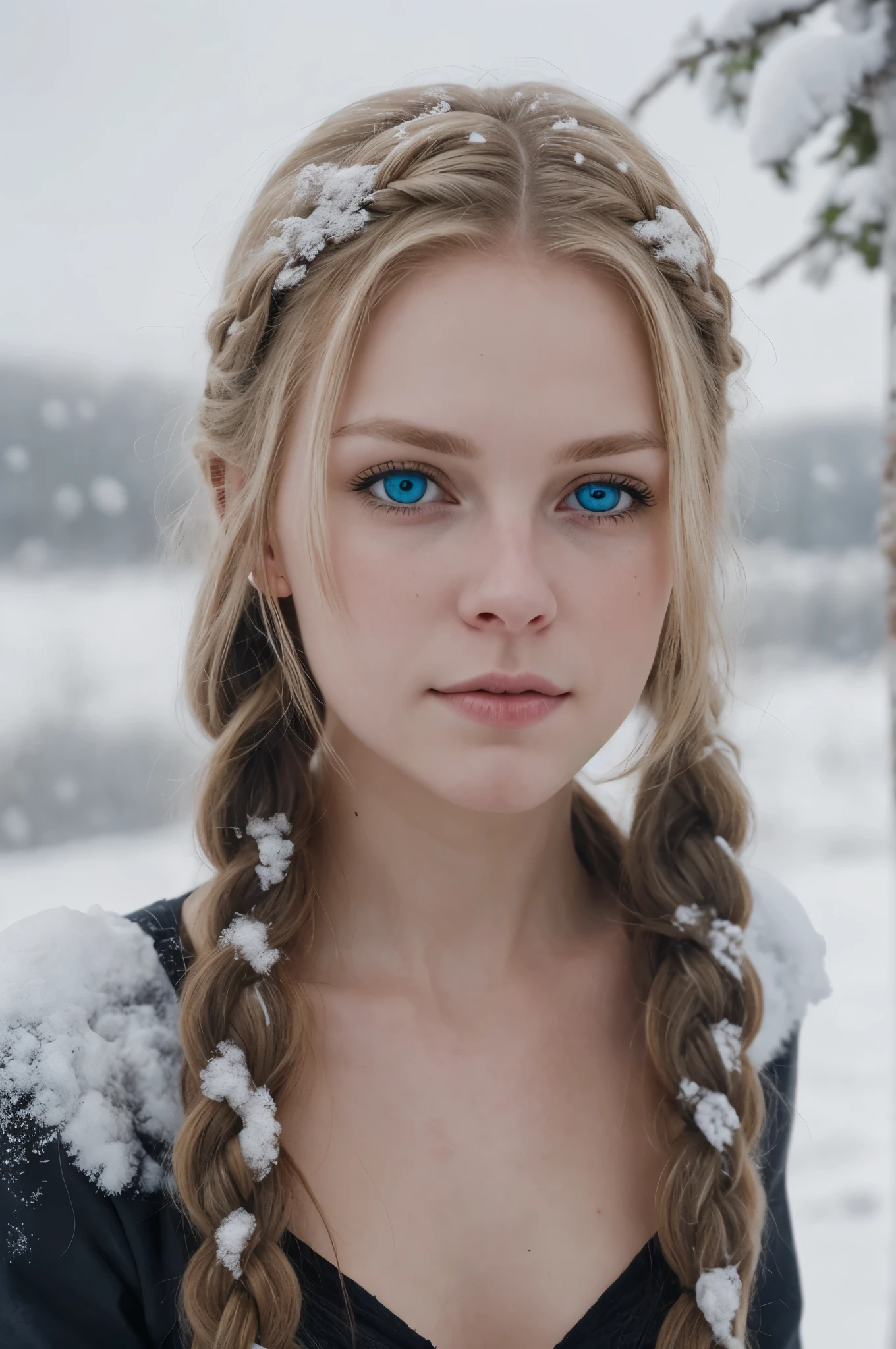 (Realisttic:1.2), analog photo style, female nordic warrior, fantasy snowy setting, braided blonde hair, full body, soft natural light, cute and sexy, pleasure, detailed face and blue eyes, great quality, Masterpiece, detailed northern background, 16k quality, RAW photo