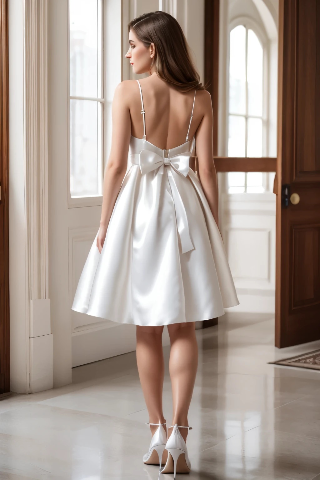 tween bride, (wearing short a wedding dress) standing next to the bed,
