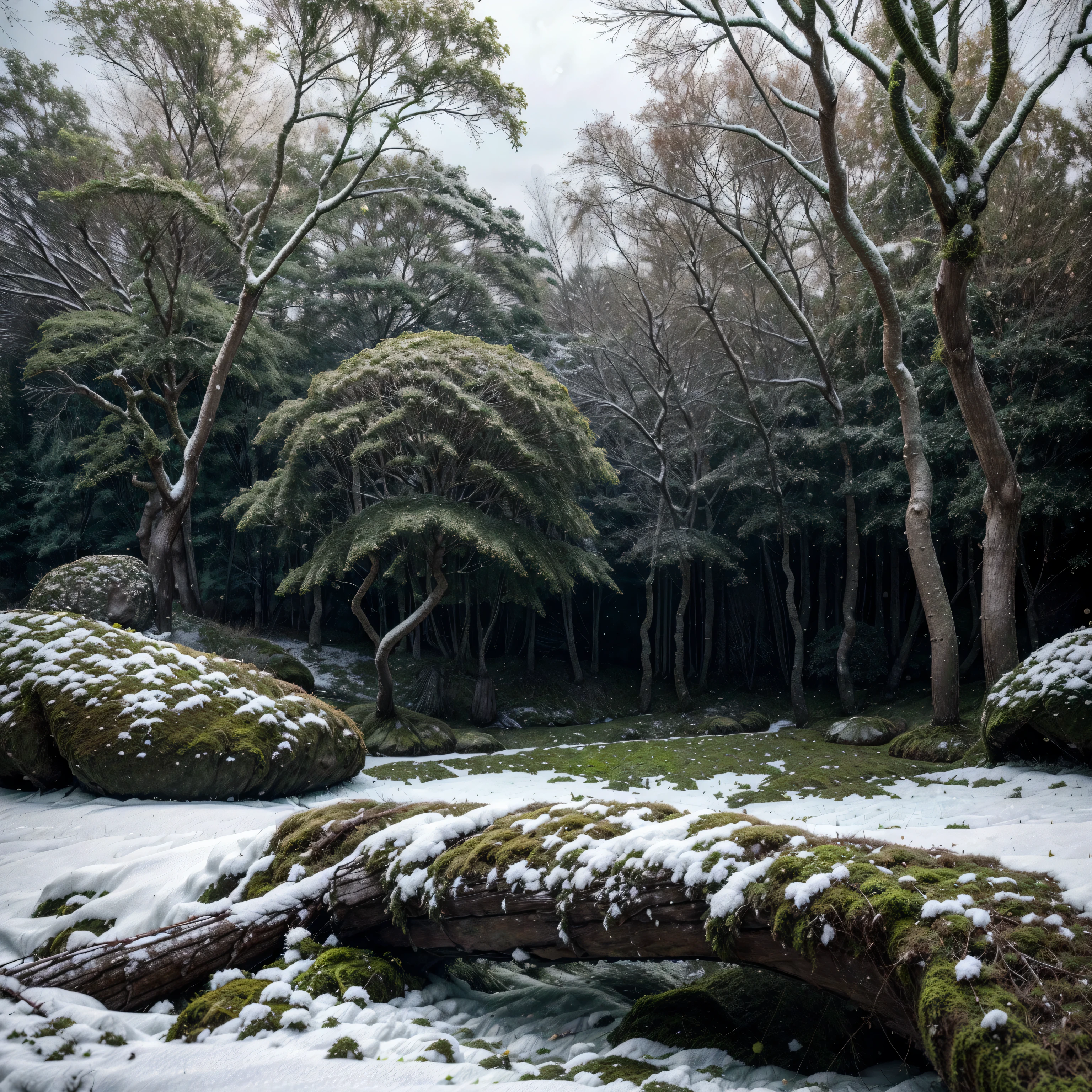 Masterpiece, (8k wallpaper) , (best quality), perfect quality, with a grass and dead leaves patch at night, surrounded by trees, camera at the edge of a clearing with trees in winter, ((((rotten branch and stone isolated on white with green moss, side view separates us from these trees separates us from these trees)))), around and dead leaves because it's winter, ((( composition without human, just the nature))), (((snow everywhere)))