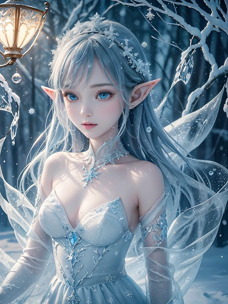 (best picture quality，4K，8K，HD，masterpiece：1.2），Super delicate，portrait，blue and white，water sprites，snow elf，dreamy atmosphere，Fantastic creatures，Glowing ethereal lamp，frozen garden，delicate snowflakes，A sparkling winter wonderland