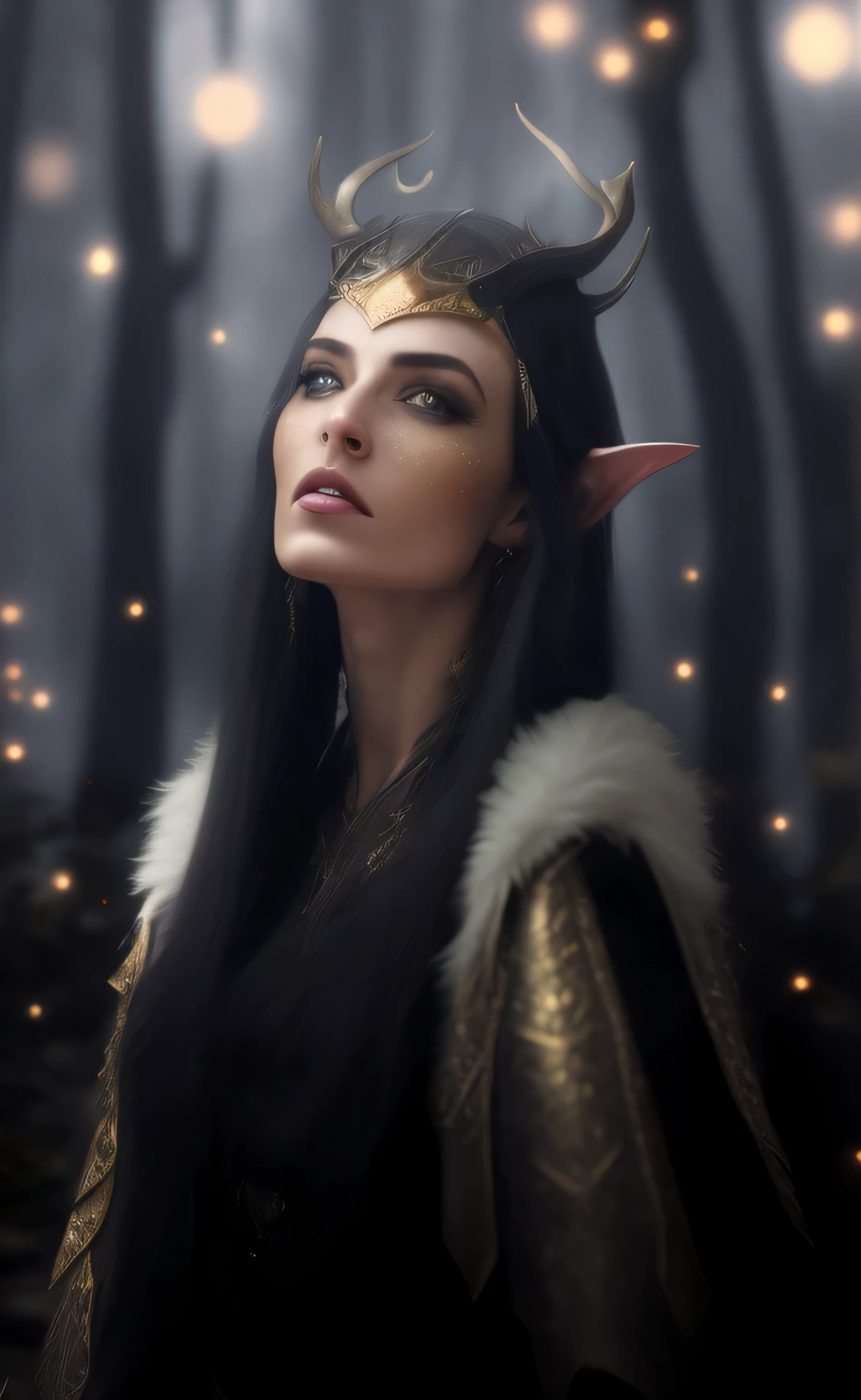 Arafed woman with horns and antlers on her head in the forest, She has elven ears and golden eyes, portrait of an elf queen, a portrait of an elf, portrait of a very beautiful elf, fantasy photoshoot, portrait of an elf, fantasy character photo, very beautiful elven top model, Side portrait of the elven royal family, Portrait of an elven sorceress