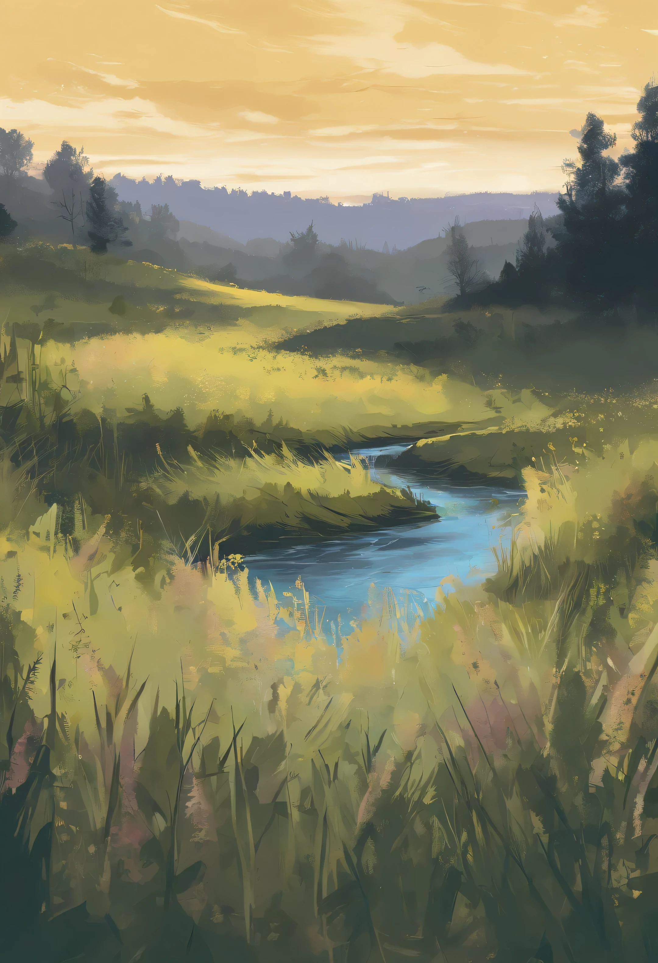 brushstrokes impasto, an oil painting in a field of tall grasses with grasslands and a river in background, in the style of light indigo, dark green and dark beige, pointillist florals, barbizon school, gray and bronze, cottagepunk, rusticcore, panorama-ar 123:86--v5.2