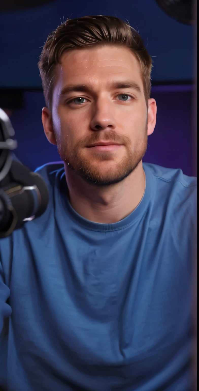 Create a vivid and detailed description of a scene featuring a charismatic and realistic man seated confidently at a sleek, modern table. The scene should showcase a professional studio background, complete with high-quality 8K resolution streaming equipment, including a microphone and a streamer setup. Capture the essence of the moment, highlighting the man's engaging presence and the overall ambiance of the sophisticated streaming environment