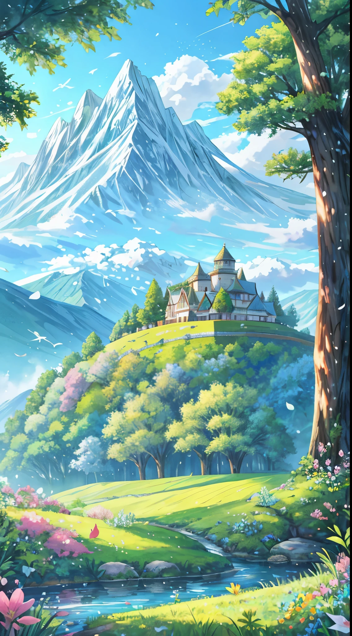 Natural Scenery, A breathtaking landscape of untouched beauty. Rolling hills covered in vibrant emerald grass stretch as far as the eye can see, dotted with wildflowers of every hue. Majestic mountains loom in the distance, their snowy peaks gleaming under the sun's gentle caress. Crystal-clear streams wind through the terrain, reflecting the azure sky. The air is filled with the sweet scent of blooming flowers, and the gentle breeze whispers through the trees. Birds chirp merrily, adding to the symphony of nature. The scene exudes tranquility, inviting contemplation and wonderment.