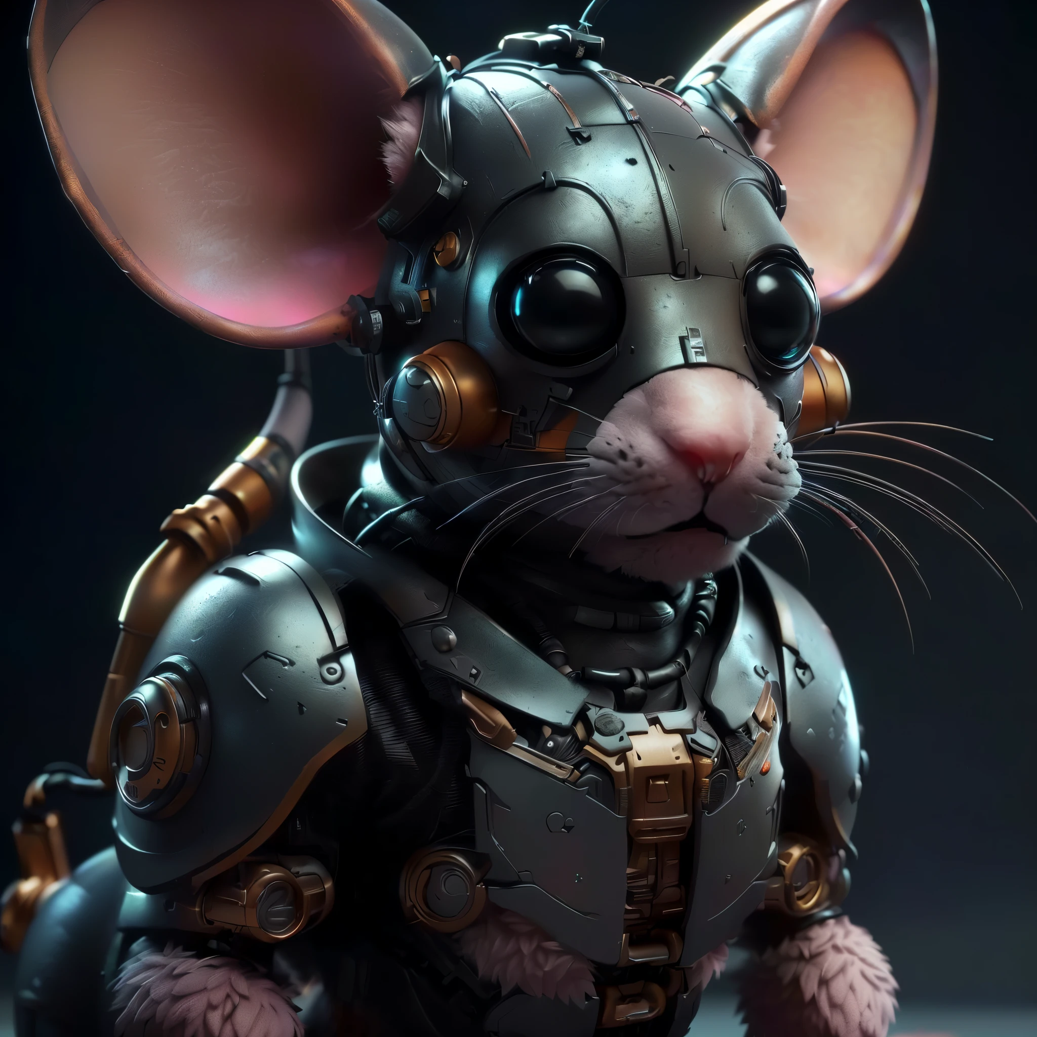 Close-up of a mouse wearing a mechanical suit and helmet, People's Engineer Cyberpunk Mouse, cyborg mouse, Rat fur, Wojtek fus, 3D rendering stylized, Roland Zilvinskis 3D rendering, Steampunk rat, zbrush central competition winner, winner of the polyaccount competition, Anthropomorphic mouse, hyperdetailed fantasy character