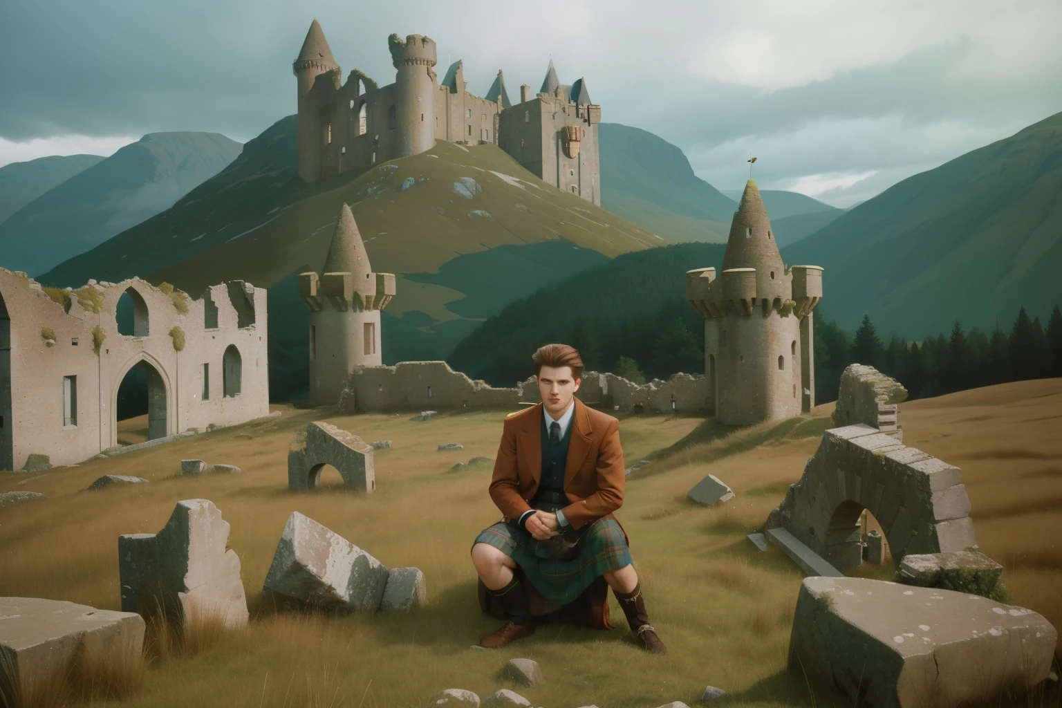 1990s Scottish Highland Spell Casting (Location: Remote Castle Ruins):
Character: A young man in his twenties with a kilt, casting ancient spells among the ruins of a remote Scottish castle during the 1990s. Illuminate the mystical scene with Wes Anderson's atmospheric and rugged color tones, blending magic with the haunting beauty of the Highlands.