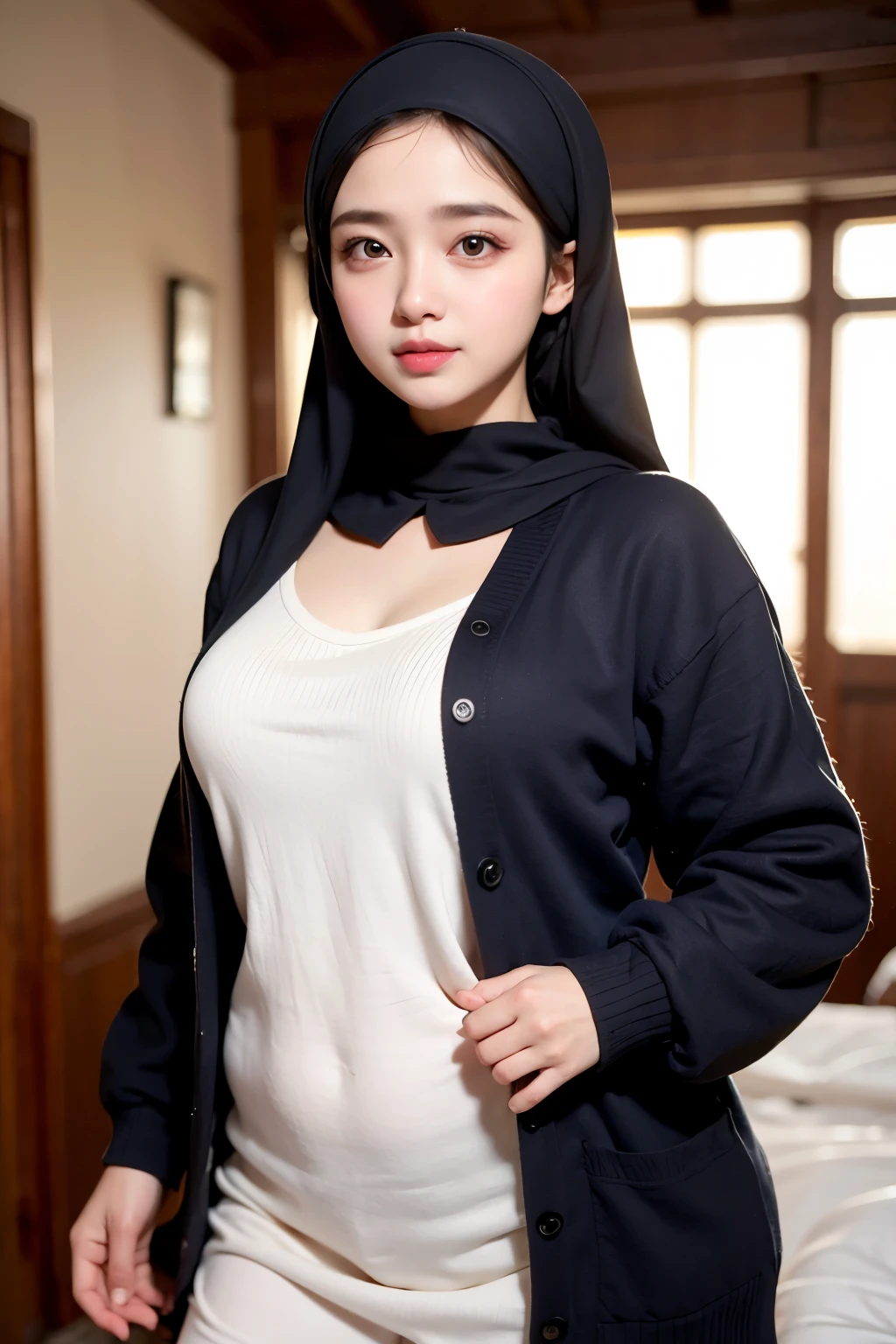 Gadis berhijab syariah, chubby, dada besar tembem, paha besar tembem, cardigan, HD