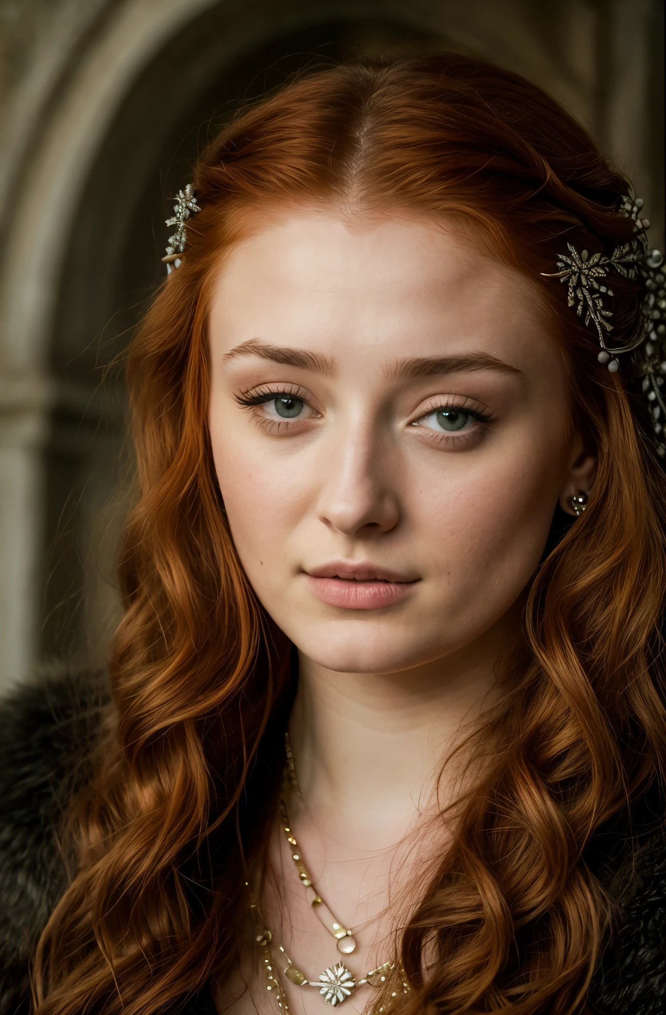 Foto RAW, Sansa Stark PLAYED BY SOPHIE TURNER Ned and Cat's oldest daughter. Demure and ladylike, her dream to marry Prince Joffrey. Her direwolf named Lady , Game of Thrones Series, (pele altamente detalhada: 1.2), 8k UHD, DSLR, soft-lighting, alta qualidade, grain of film, Fujifilm XT3