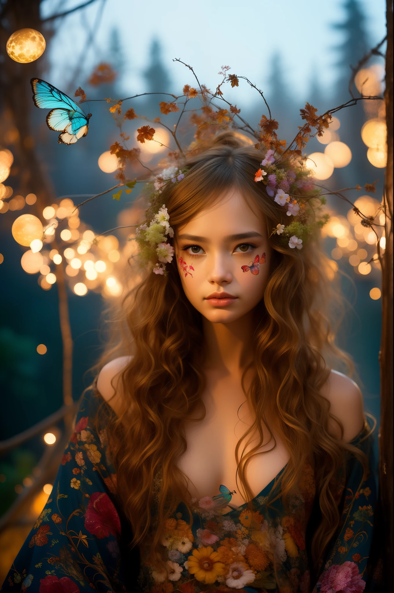 Hot beauty creature girl face frontal symmetrical portrait, blue butterflies, attractive, elegant, gorgeous, cute, Abstract animal prints, facepaint, open shoulder cute gauze V, hot, porcelain - inspired, poster - like moonlit dance rituals and campfires, robot showing a sophisticated dance and japanese minimalism outfit, photography by jimmy Nelson, 35mm film, Jean Baptiste Monge, Takashi Murakami, Yoh Nagao, lisa frank, Boris Vallejo, art by Gerald Brom, Junji Ito, Tomer Hanuka, Enki Bilal, Oleg Oprisco, Boris Vallejo, Moebius, Nikon photography, shot photography by Wes Anderson, Kodak color, HD, 200mm