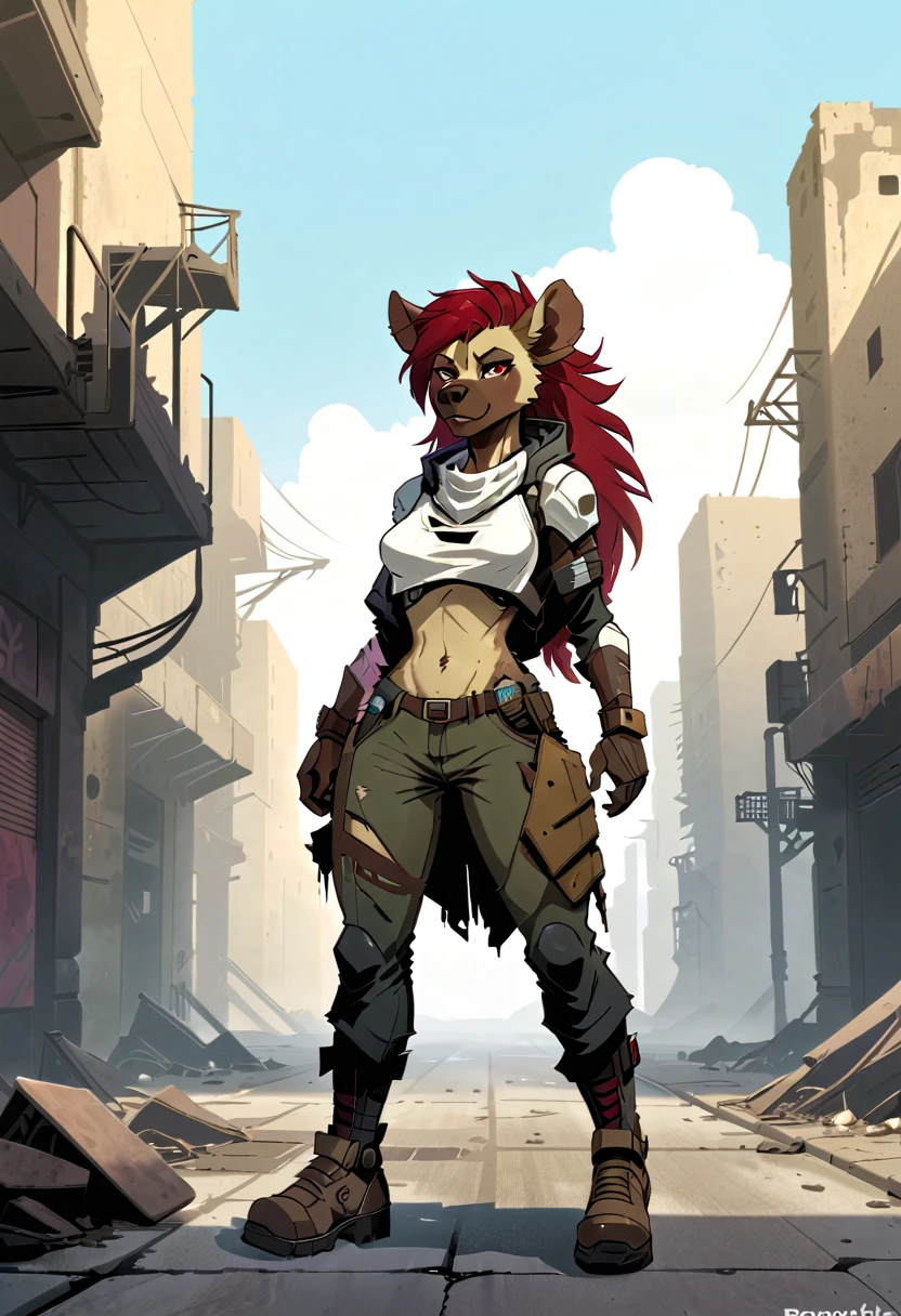 anthropomorphic hyena, female, she is hairy, she has red Rachel-style hair, she has wide hips, she is wearing cybernetic armor, she is wearing short brown jean pants, she is wearing cybernetic and futuristic colored boots white, she is wearing a ruined and torn dark brown poncho, she is standing on a ruined street, in the background is a ruined city, 2d art style.

