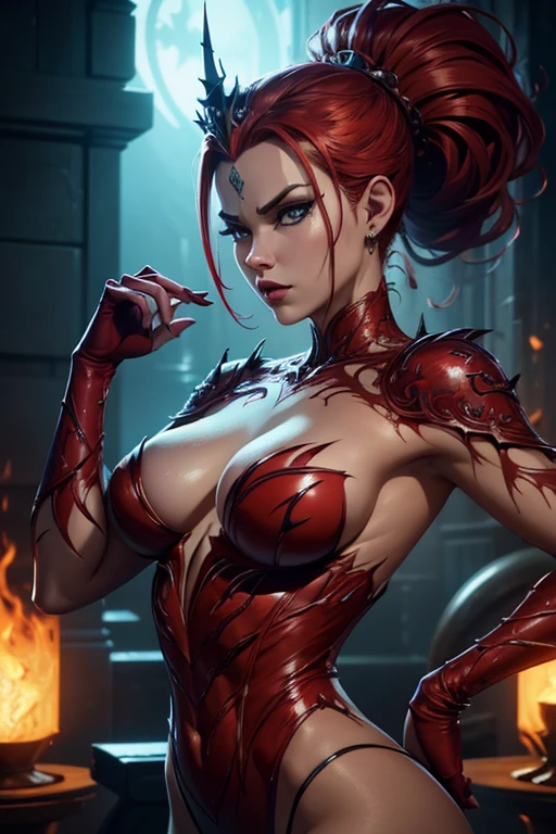 Supervillain Queen Carnage, highly detailed, vibrant appearance, creative behavior, imaginative, , spontaneous, small breasts, sexi, revealing, naked breasts, highest quality, skin texture, intricate details, (cinematic lighting), RAW photo, 8k, masterpiece,best quality,ultra-detailed,very detailed illustrations,extremely detailed,intricate details,highres,super complex details,extremely detailed 8k cg wallpaper