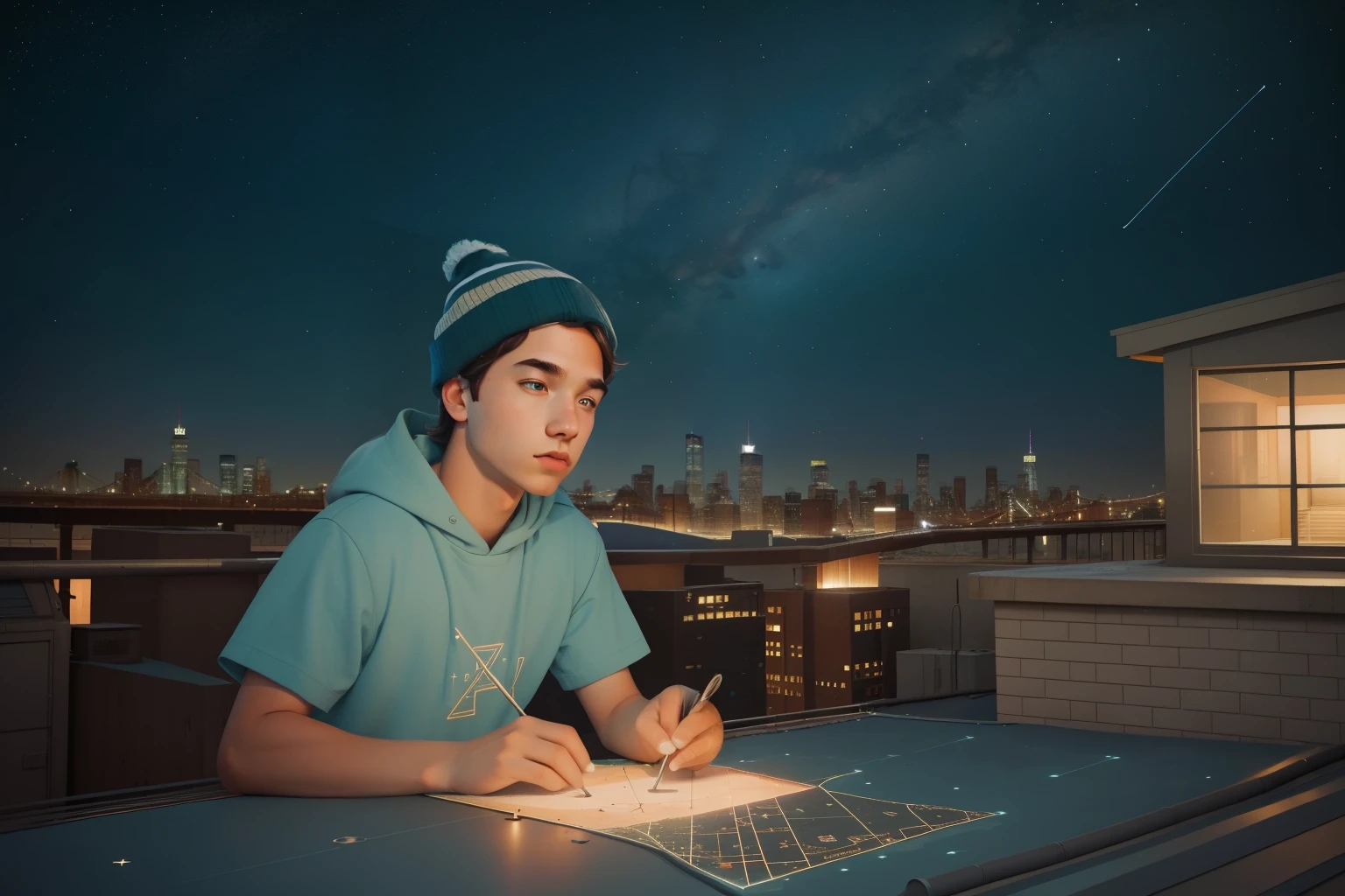 2010s American Rooftop Constellation Mapping (Location: Brooklyn):
Character: A teenage boy with a beanie and a telescope, mapping constellations on a Brooklyn rooftop during the 2010s. Illuminate the cosmic wonder with Wes Anderson's starry and modern city color tones, turning a mundane rooftop into a celestial observatory.