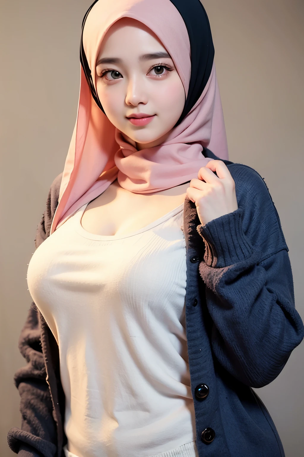 Masterpiece,high res,realistic skin,beautiful korean girl, expresive face, (wearing hijab), beautiful face, eyelid, (mole under eye), blush, glossy lips, wearing jacket, wearing trousers, no bra, no shirt, no underwear, super calvages, showing breasts and nipples, standing, laying on wall, full body full shot