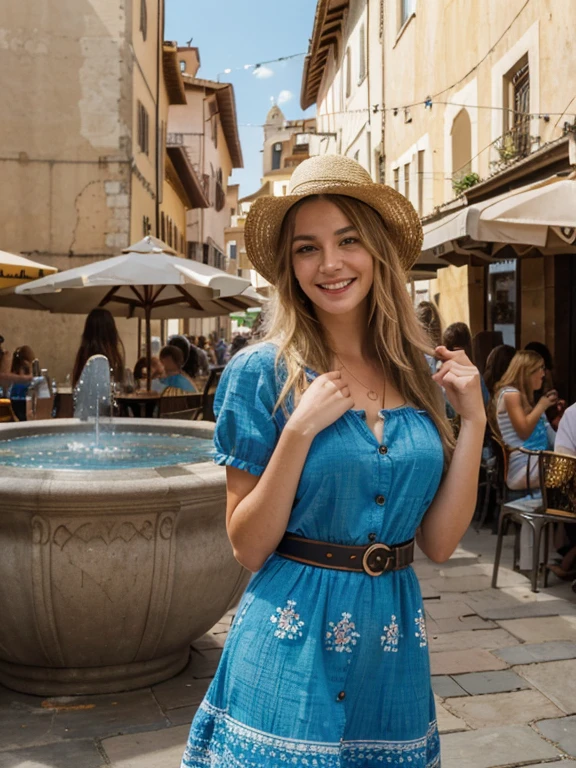 (best quality,highres,ultra-detailed:1.2), HDR, vivid colors, beautiful girl, Florence Duomo, lively atmosphere, charming architecture, colorful flowers, happy people, stunning view, cozy cafe, outdoor dining, sunny weather, elegant dress, stylish hat, joyful expression, long flowing hair, vibrant street performers, bustling crowd, street musicians, mouthwatering food stands, historical landmarks, mosaic pavement, decorative fountains, palm trees, blue sky, warm sunshine, laughter and laughter, carefree moments, light blonde hair, blue eyes