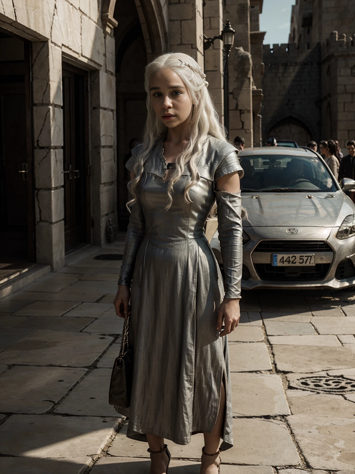 Daenerys Targaryen standing next to a car