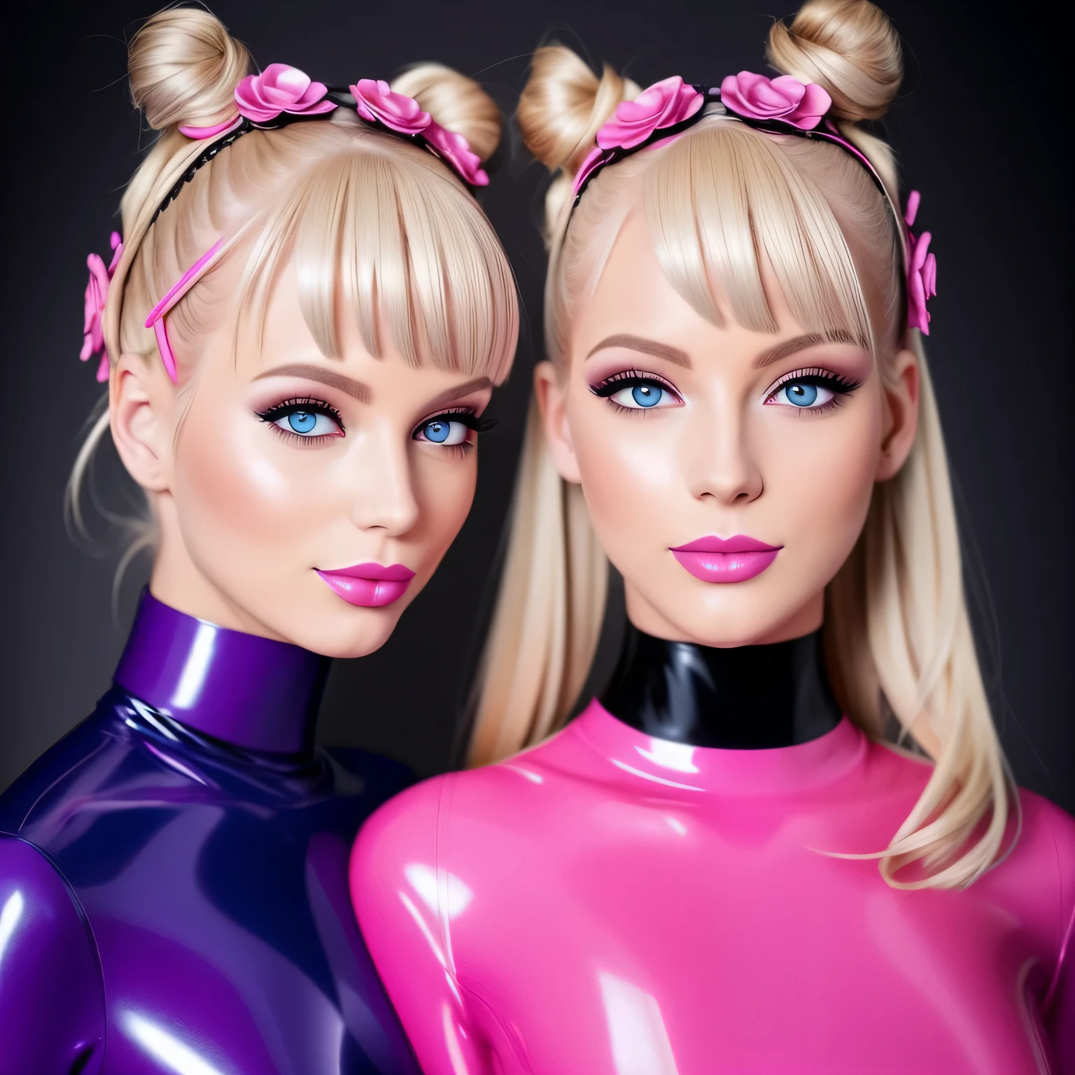 sexy twin girls,blondes Haar,Space Buns,rosa Latexbluse, Latex blouse buttoned up, Latex Bluse detailliert, light-blue Latex, pink latex, Red Shiny Lacquer PVC Shoes,Perfektes Gesicht,Detaillierte Augen,Detaillierte Lippen,Detailed hands,lange Wimpern,vollbusig,niedlich,portrait,hight resolution,realistisch,Studiobeleuchtung,Lebendige Farben,masterpiece,award-winning-photo, ultra detailliert,