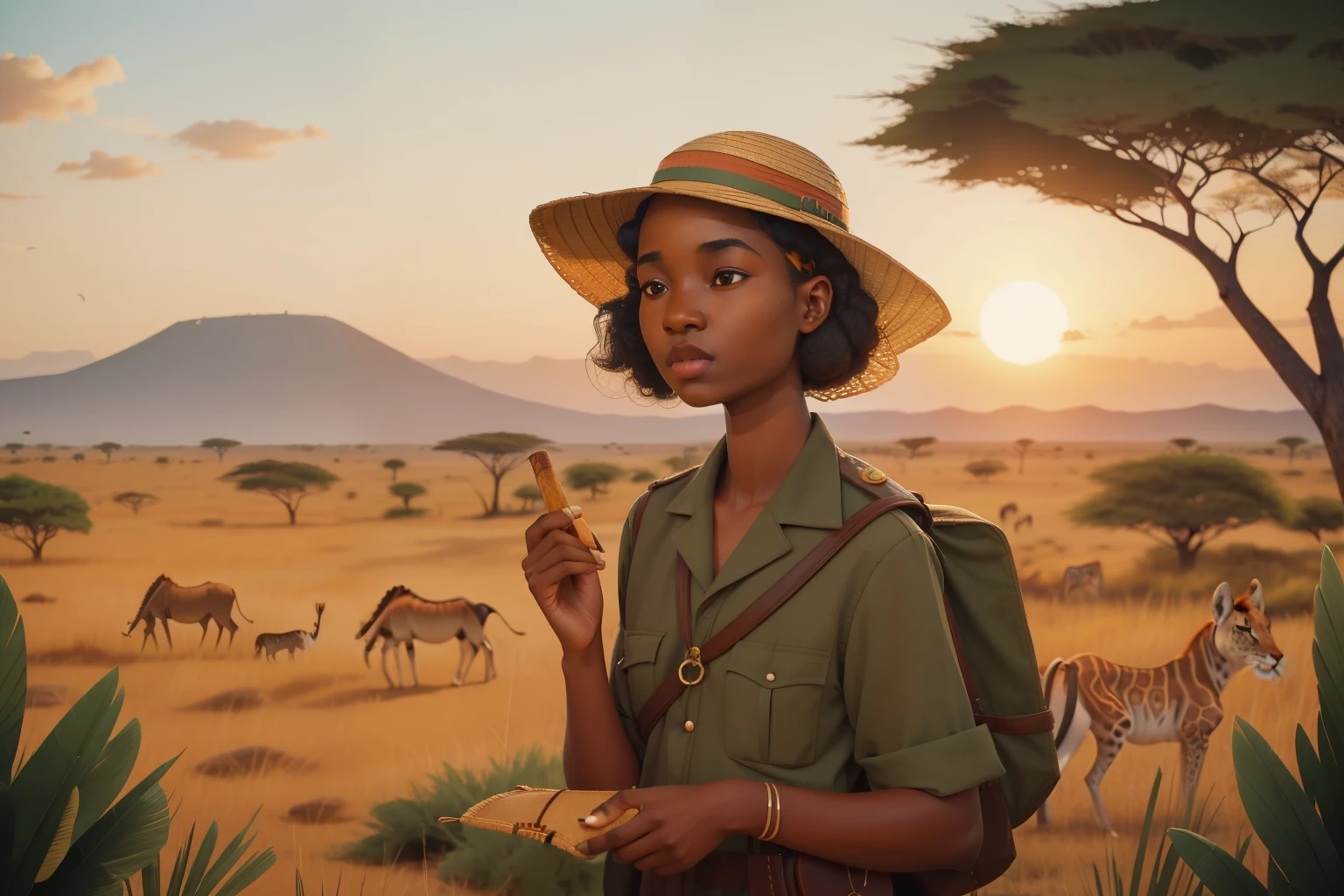 1930s African Safari Animal Communication (Location: Serengeti):
Character: A teenage girl with a sun hat, communicating with animals through a magical talisman on an African safari in the Serengeti during the 1930s. Capture the mystical connection with Wes Anderson's safari-inspired and warm color tones, transforming the safari into an enchanted journey.