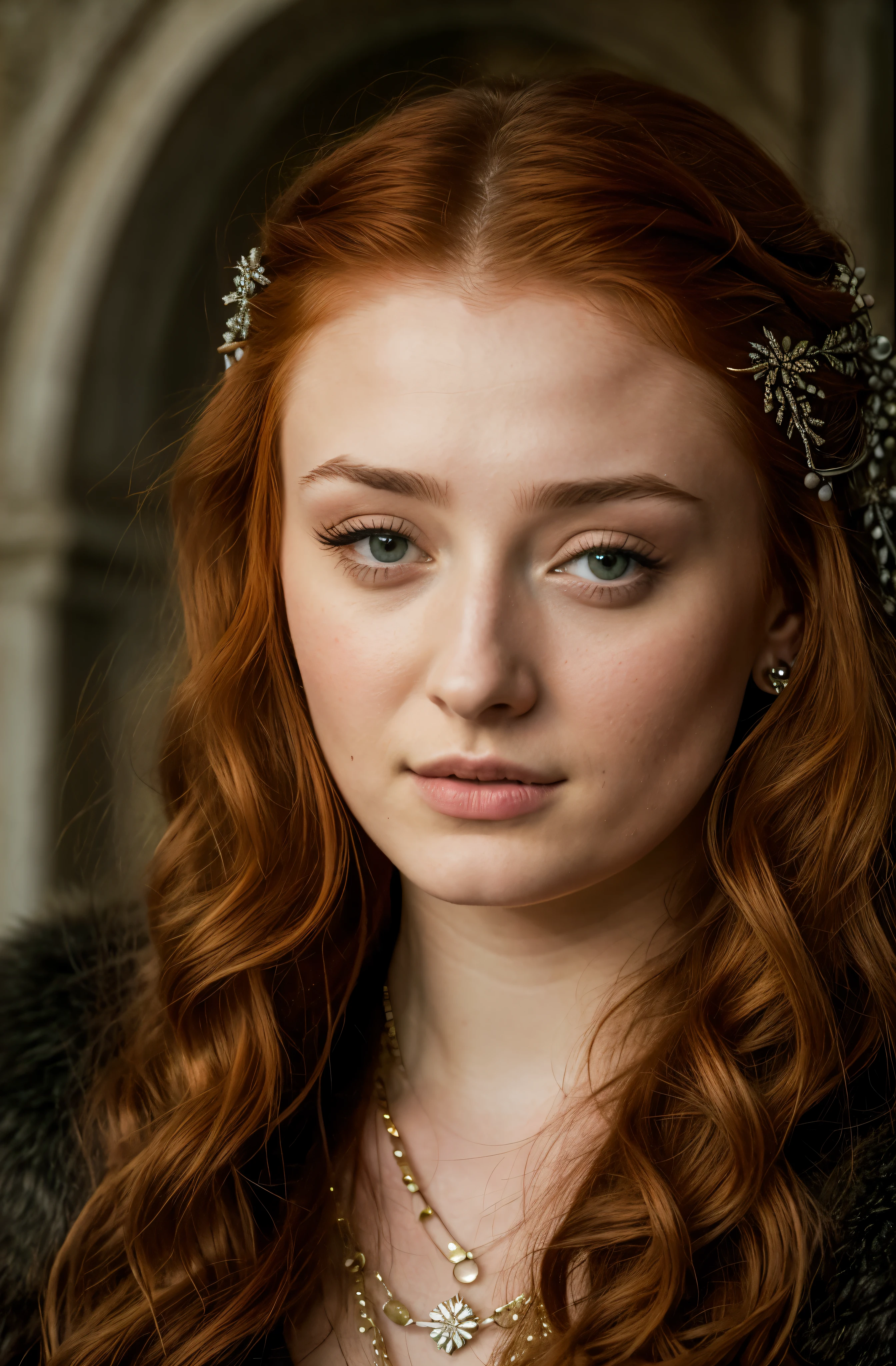 Foto RAW, Sansa Stark PLAYED BY SOPHIE TURNER Ned and Cat's oldest daughter. Demure and ladylike, her dream  to marry Prince Joffrey. Her direwolf  named Lady , Game of Thrones Series, (pele altamente detalhada: 1.2), 8k UHD, DSLR, soft-lighting, alta qualidade, grain of film, Fujifilm XT3