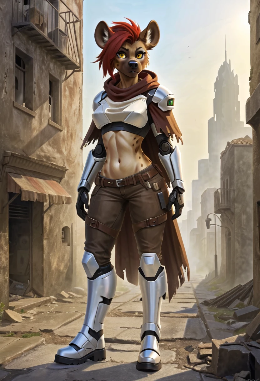 anthropomorphic hyena, female, she is hairy, she has red Rachel-style hair, she has well-detailed yellow eyes, she has wide hips, she is wearing cybernetic armor, she is wearing short brown jean pants, She is wearing white cybernetic and futuristic boots, she is wearing a ruined and torn light brown poncho, she is standing on a ruined street, in the background you can see a ruined city, 2D art style.
