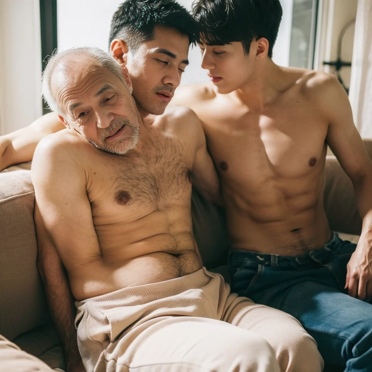 ((2 male)) , ((boy sitting on grandfather lap )), nsfw , eroticism , pulling hair