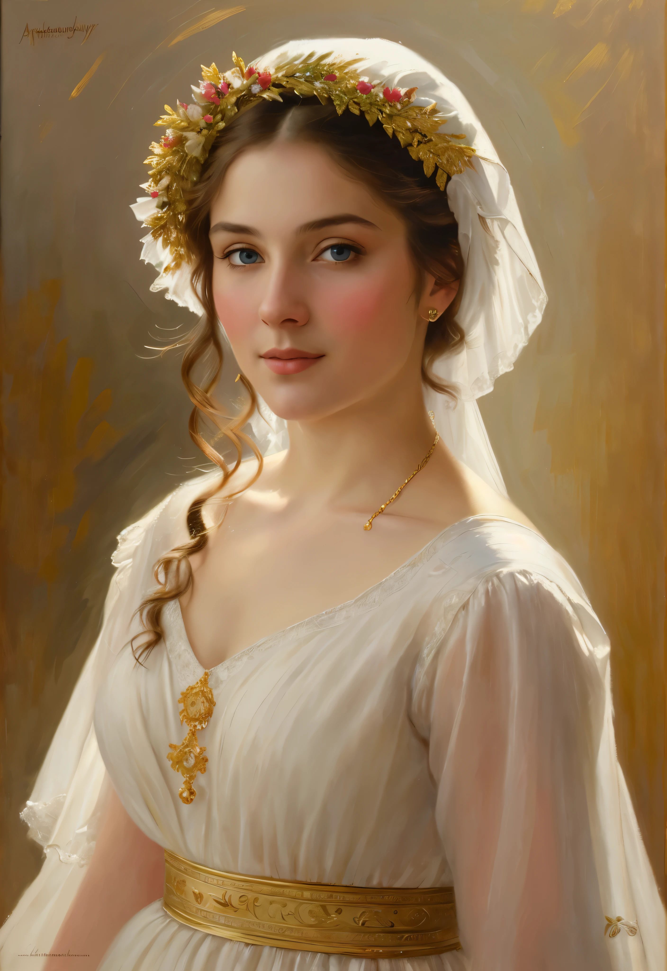 Masterpiece, Best quality, Ethereal beauty, portrait, girl, 35 years old Woman, middle ages, classicism, andrey atroshenko style, painting, traditional media, realistic, figurative, fine art, oil on canvas, HDR, 8K, original character, high resolution, high detail, focus on the face