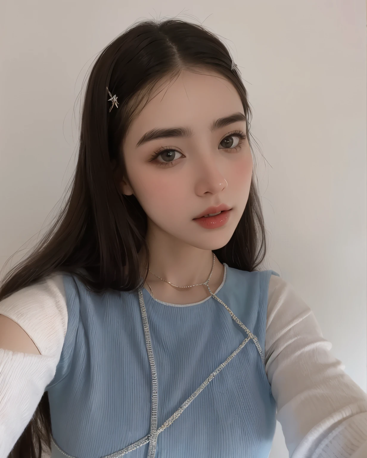 un primer plano de una mujer con un top azul y una camisa blanca, she parece una mezcla de mugre, parece una mezcla de mugre, 18 years, dilraba dilmurat, 🤤 girl portrait, parece una mezcla de mugre, , foto de perfil en la cabeza, Longer eyebrows, anna nikonova aka new milkmaid, retrato de alta calidad