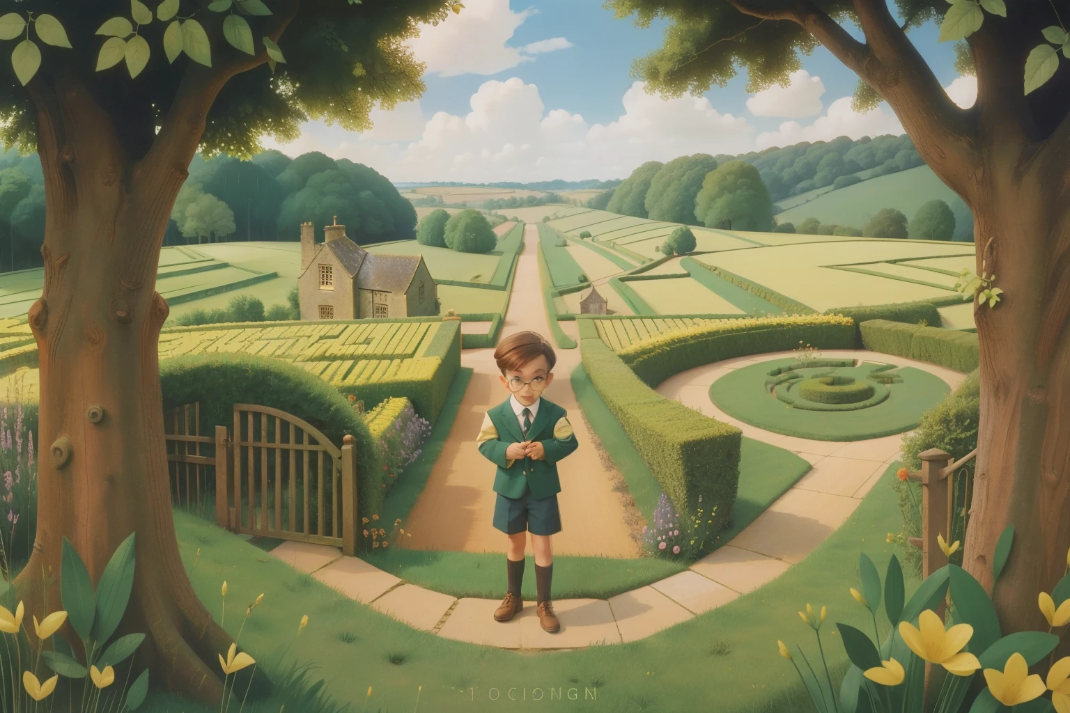 1990s English Countryside Maze of Time (Location: Cotswolds):
Character: A tween boy with glasses, navigating a magical maze that bends time in the picturesque Cotswolds countryside during the 1990s. Illuminate the whimsical journey with Wes Anderson's earthy and timeless color palette, blending the magic of nature with temporal twists.