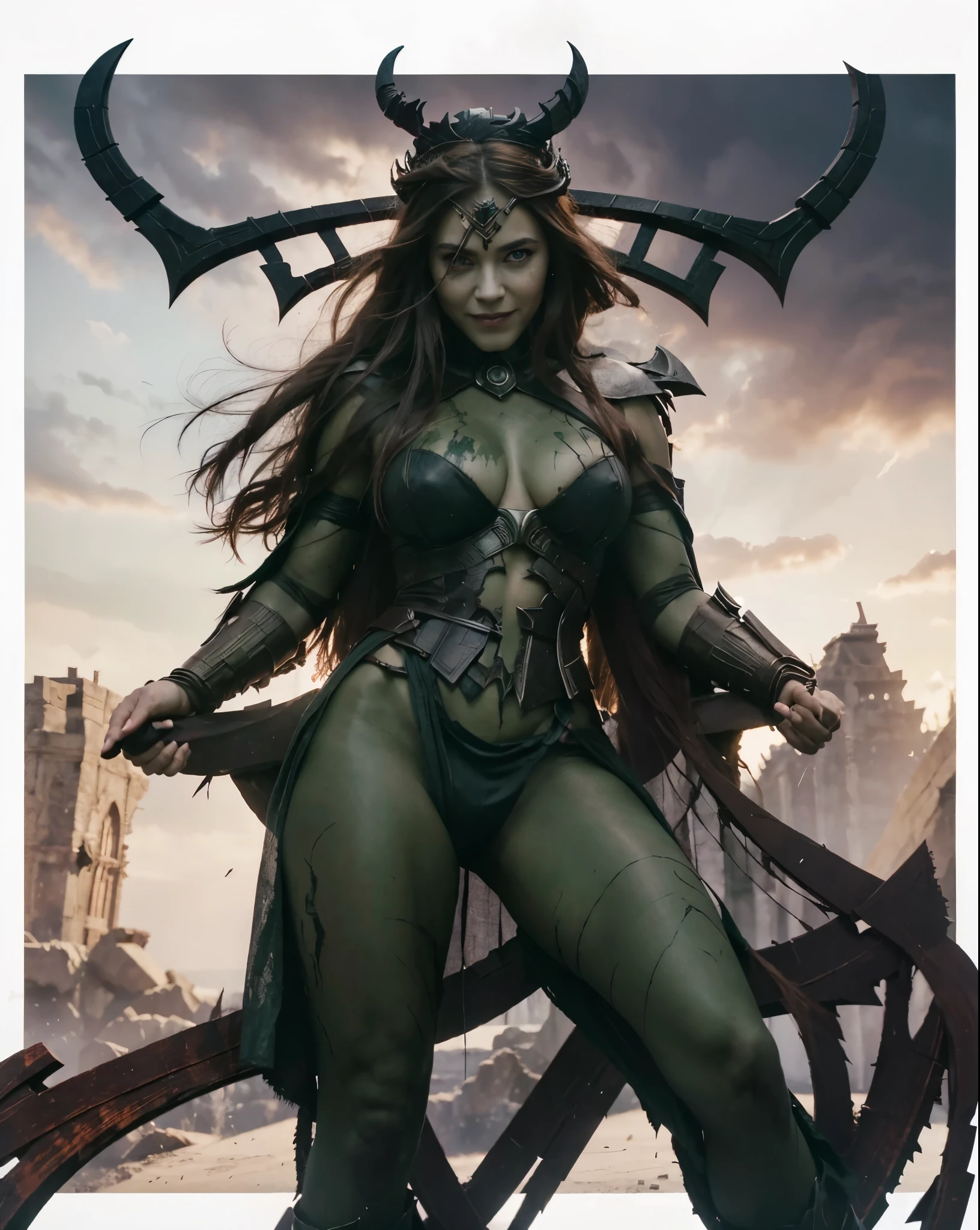 Goddess of death, Hella from thor Ragnarok, deadly goddess, Bloodlust eyes, white eyes, smiling, Grinding, showing her teeth, creepy smile, brown Hair, head accessories, big crown, Dark clouds, Darkness goddess, Amazing, suits details, ultra details, best quality, masterpiece, Realistic, hyper realistic, high resolution, 8k